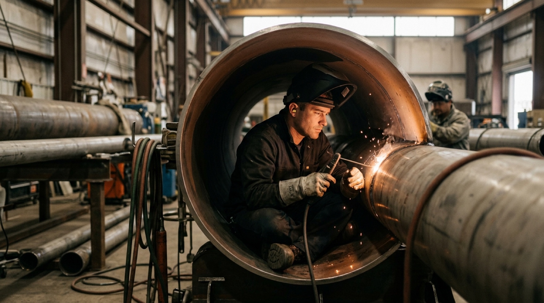 Pipefitter brazing a joint inside a mechanical vault with a gas monitor and ventilation blower running nearby