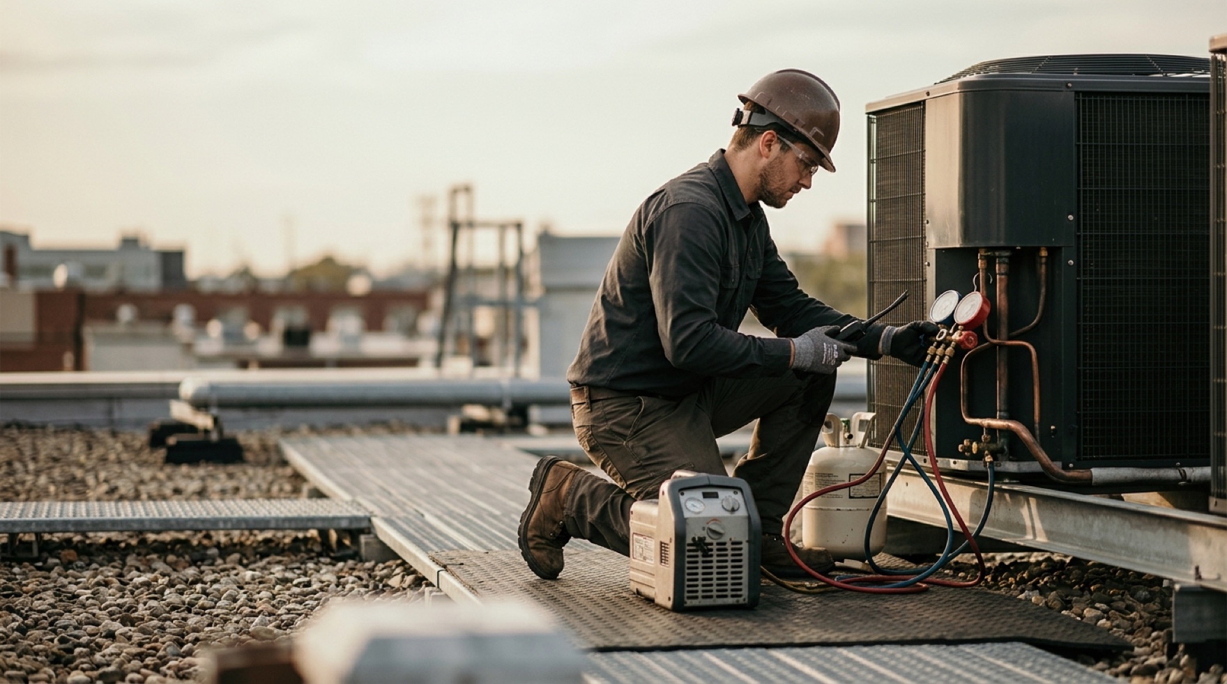 HVAC technician using a refrigerant leak detector at a rooftop condensing unit charged with A2L refrigerant