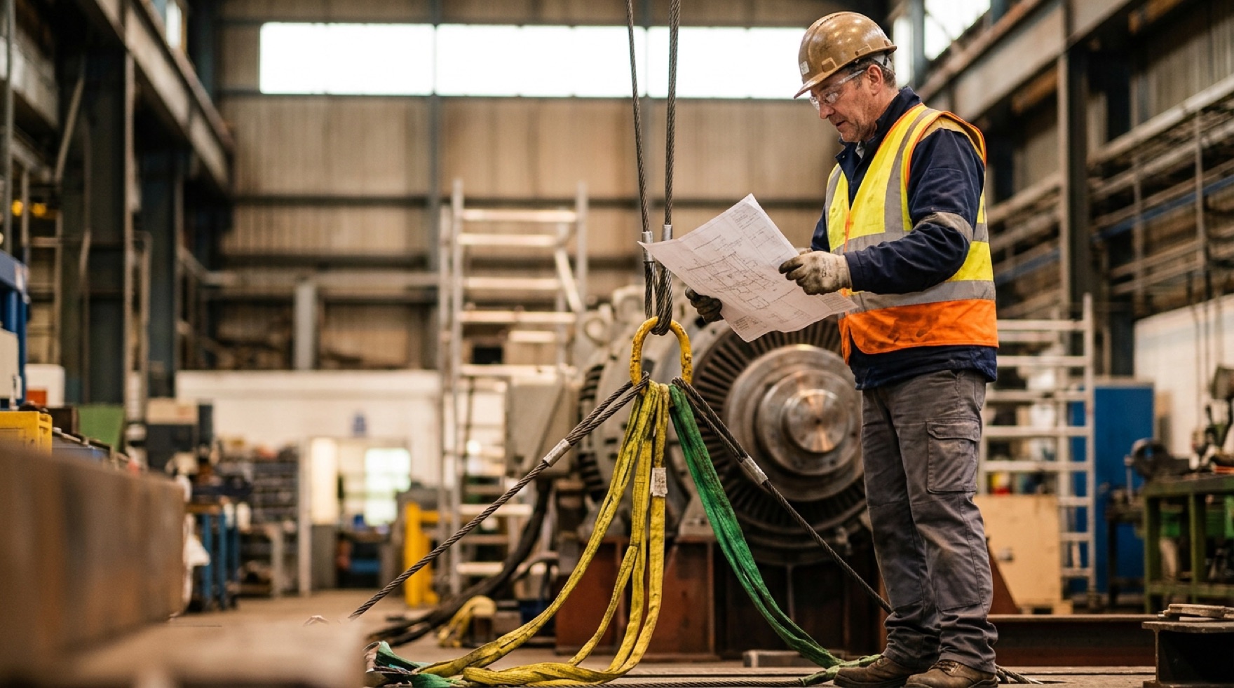Rigger inspecting a sling and shackle on an overhead crane hook before lifting an industrial gearbox