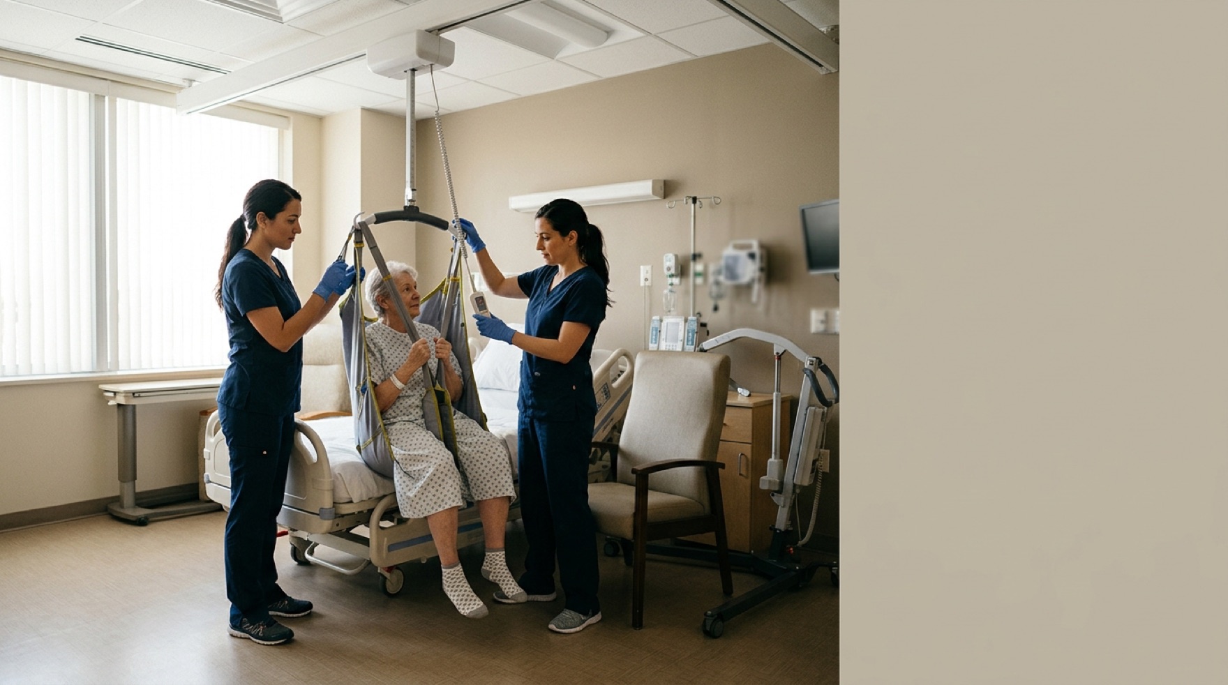 Nurse using a ceiling-mounted patient lift to transfer a patient from bed to chair on a hospital unit