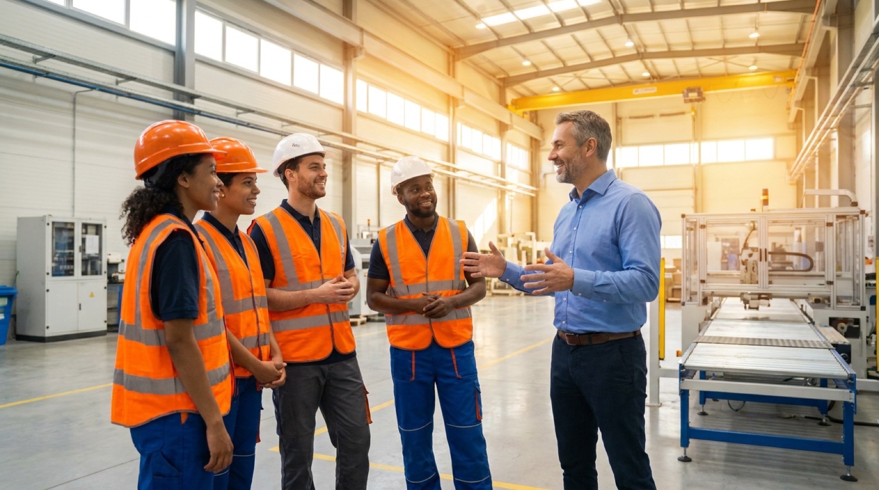 A job candidate on a plant-floor tour noticing clean aisles, machine guards in place, and a worker in properly fitted PPE