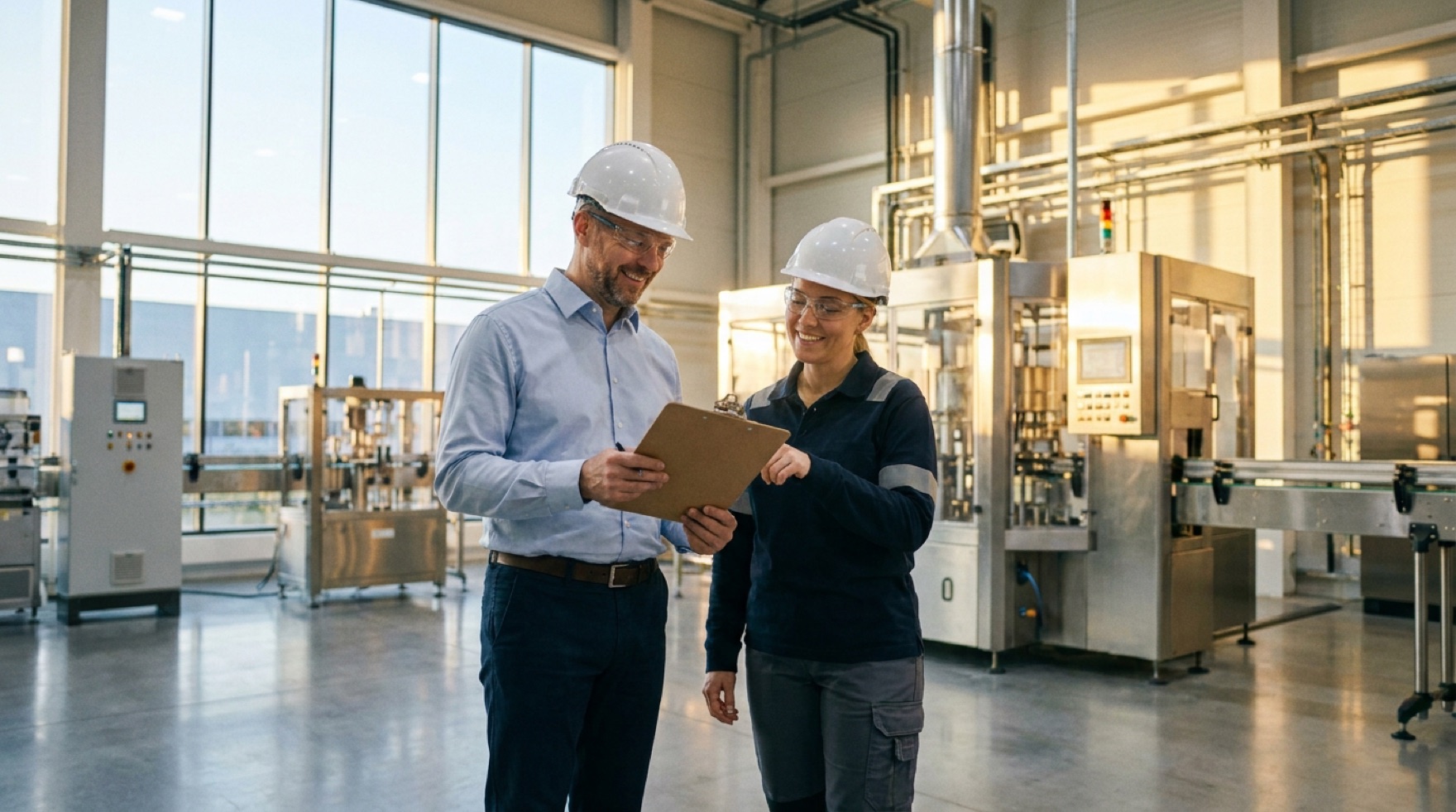A plant owner and safety manager reviewing a cost chart that compares the price of a workplace injury against the smaller cost of preventing it