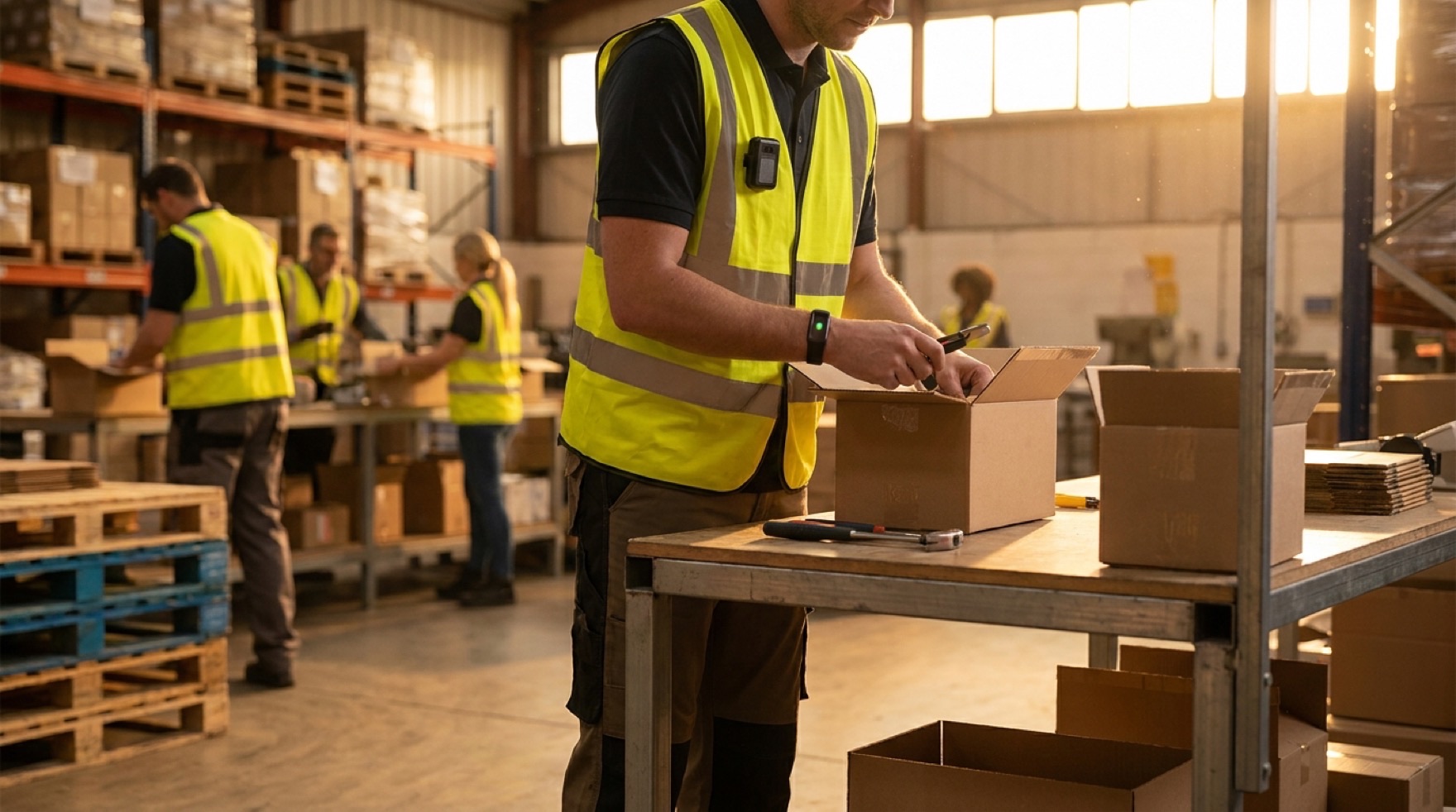 A warehouse worker wearing a posture sensor on a belt clip and a wrist band near a forklift traffic aisle