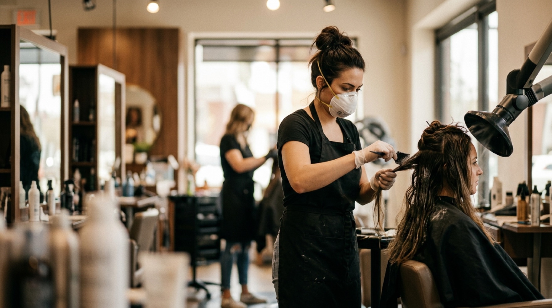 Stylist flat-ironing a client's hair at a salon station during a keratin smoothing treatment