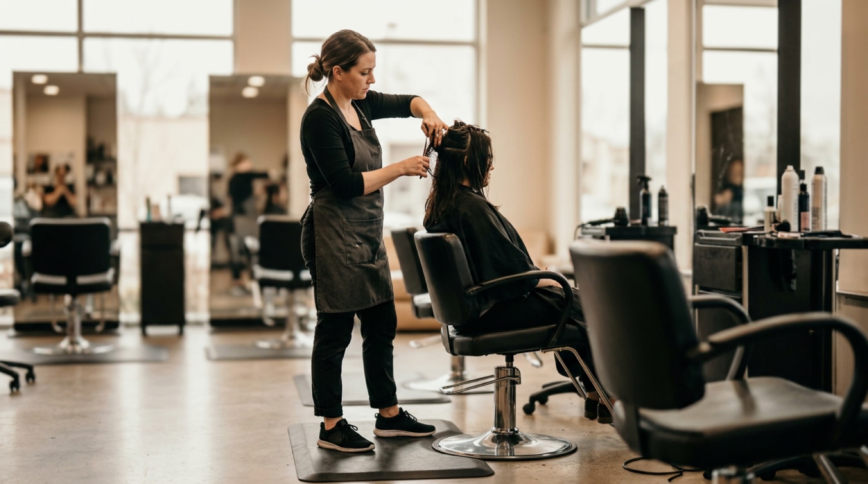 Anti-fatigue mat at a salon styling chair where a stylist stands to cut a client's hair