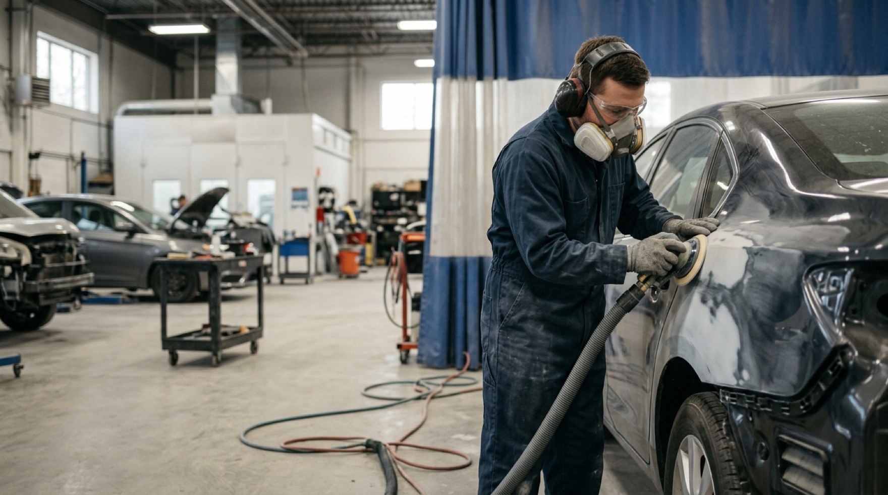 Collision technician block-sanding a filled panel with a dust-extraction sander at a ventilated prep station