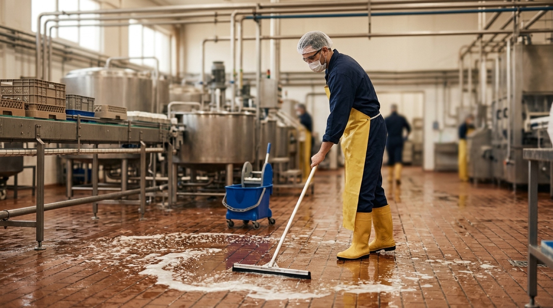 Worker on a wet food-processing floor beside a floor drain and a raised drainage mat during wash-down