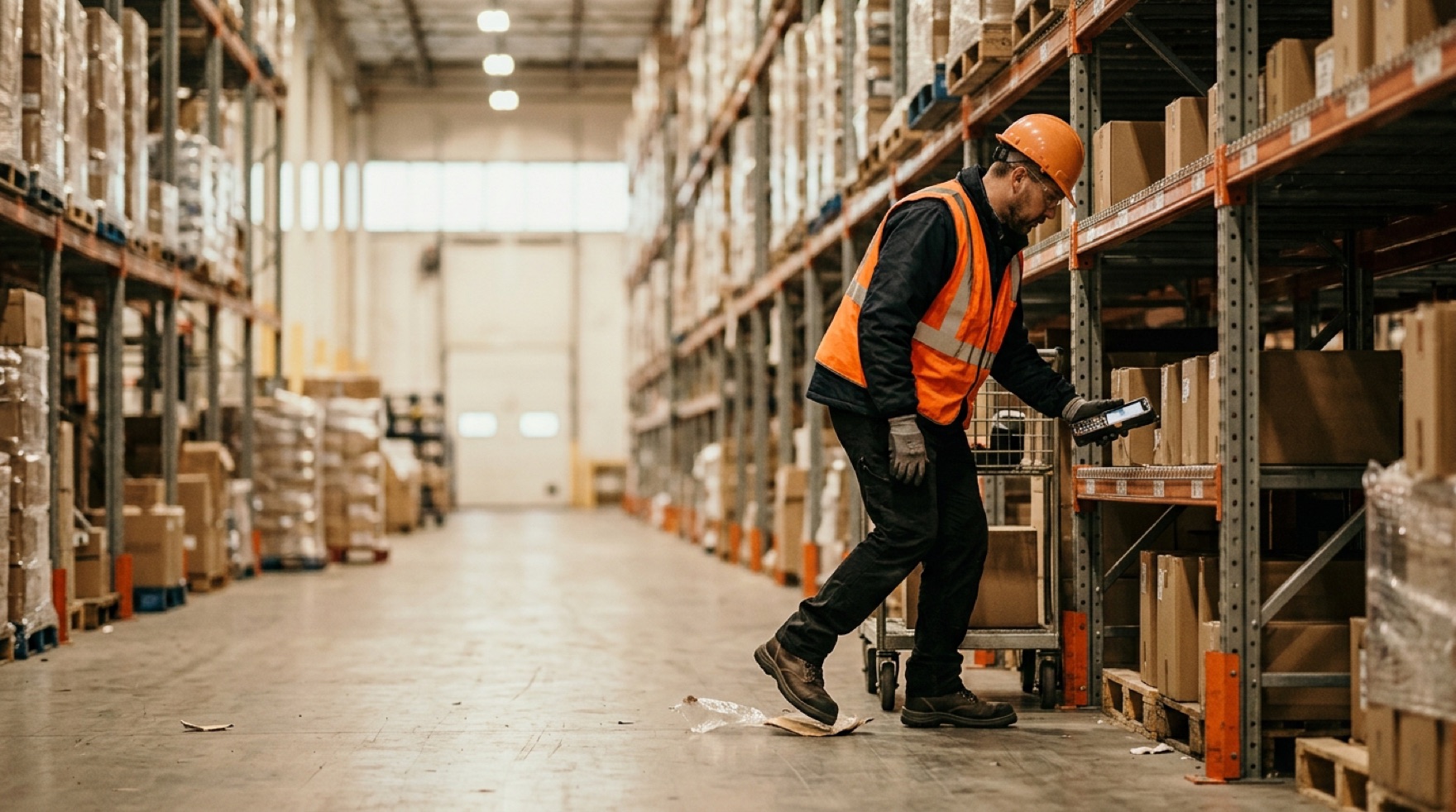 Warehouse worker walking a clear aisle past a wet-floor sign near a loading dock