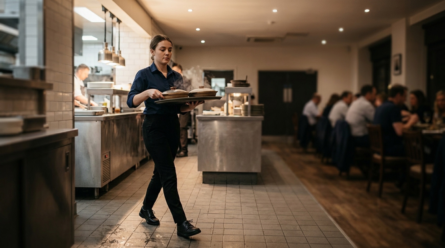 Server carrying a loaded tray of plates through a restaurant dining room with a wet floor sign near the service well
