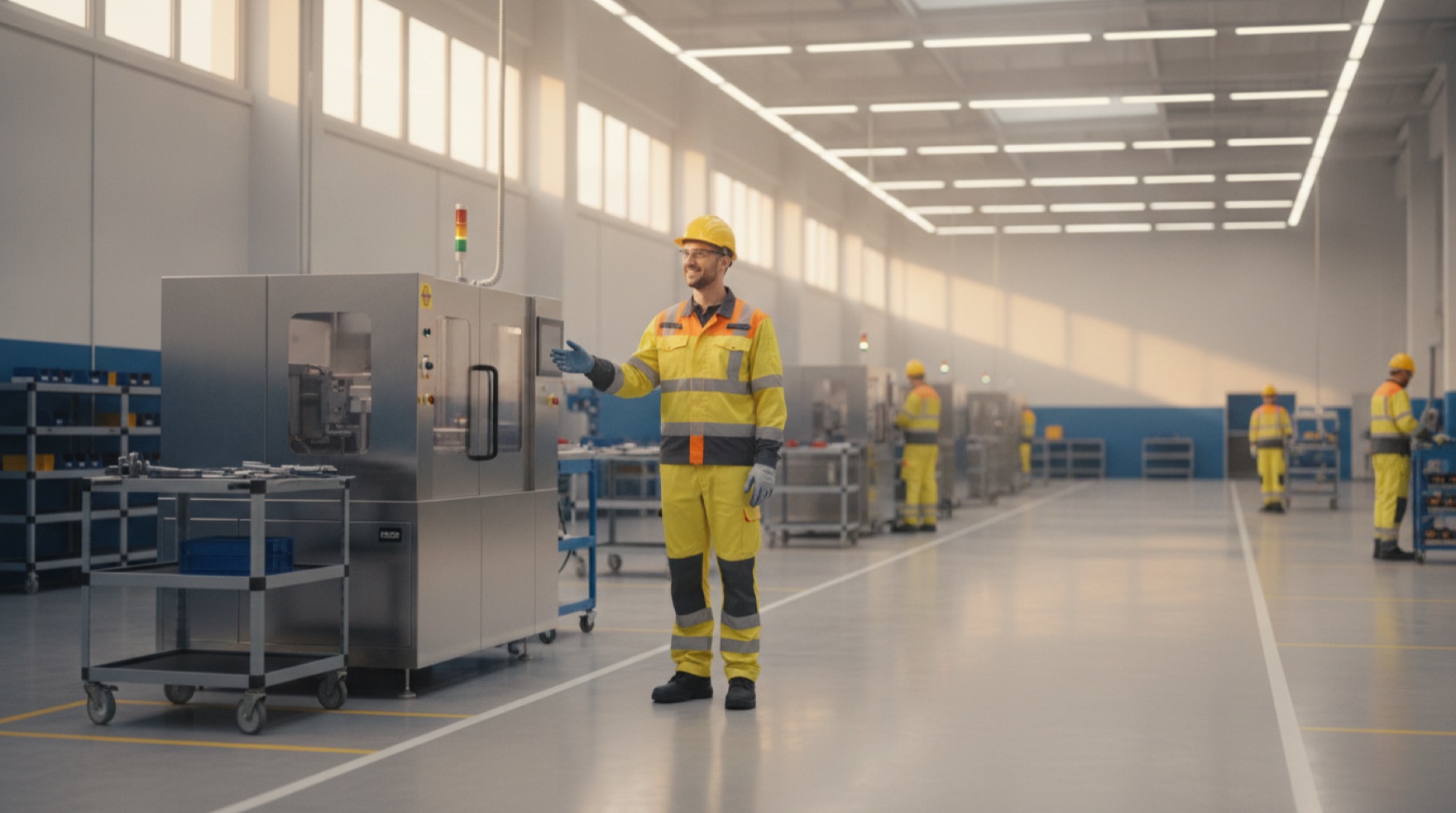 A warehouse worker adjusting a height-adjustable packing station with a lift assist, alongside a posted shift schedule