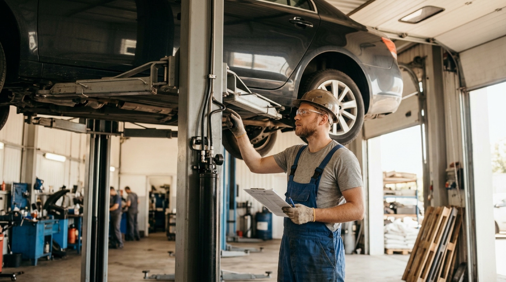 Technician setting a two-post lift's arm pads on a vehicle's designated lift points before raising it