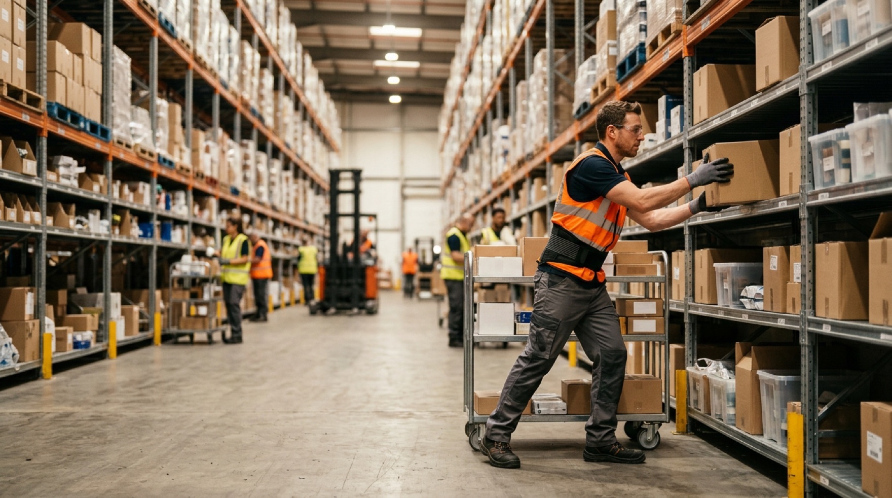 Order picker lifting a carton from a low pick slot and twisting toward a conveyor in a warehouse aisle