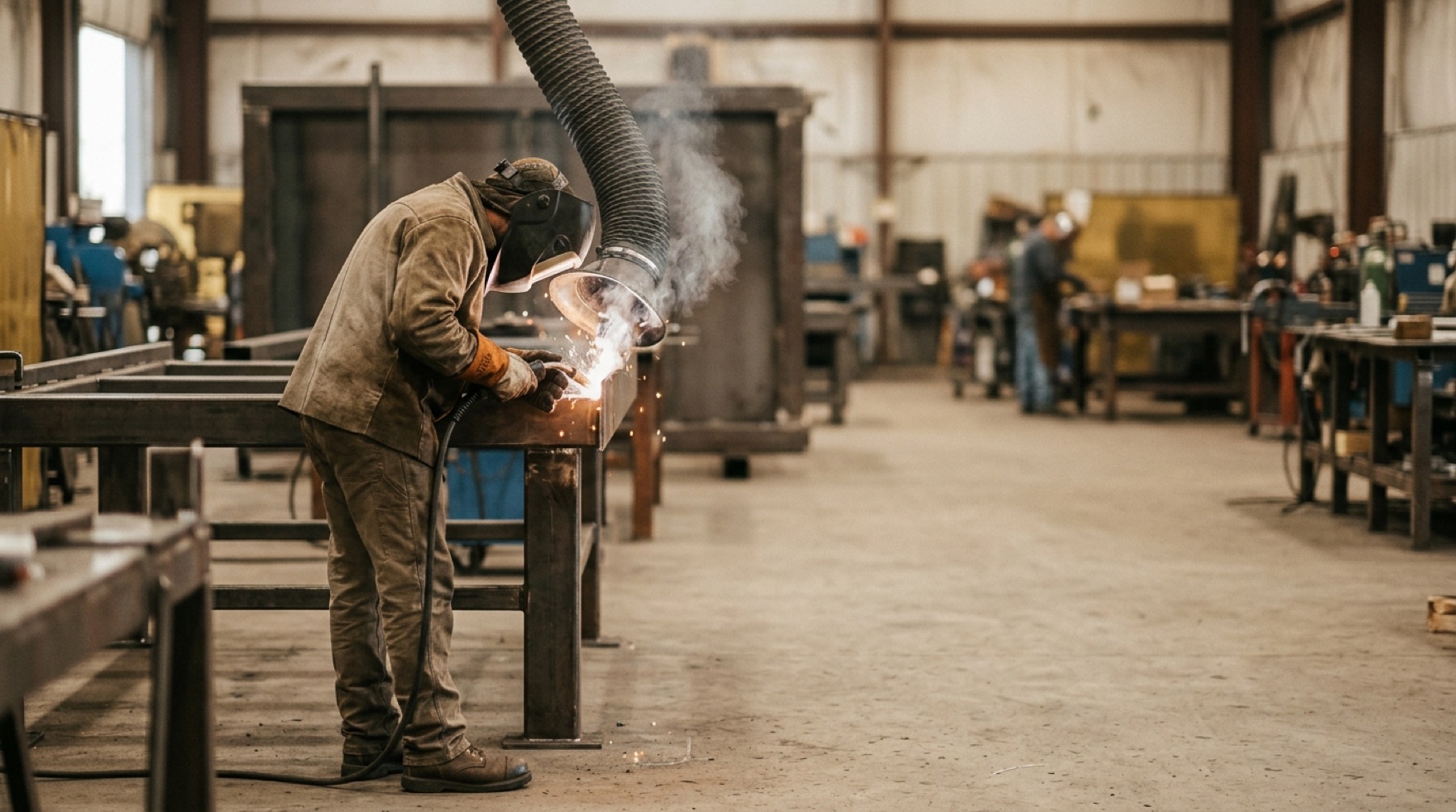 Welder using an on-arc source-capture fume extraction arm positioned close to a stainless steel weld