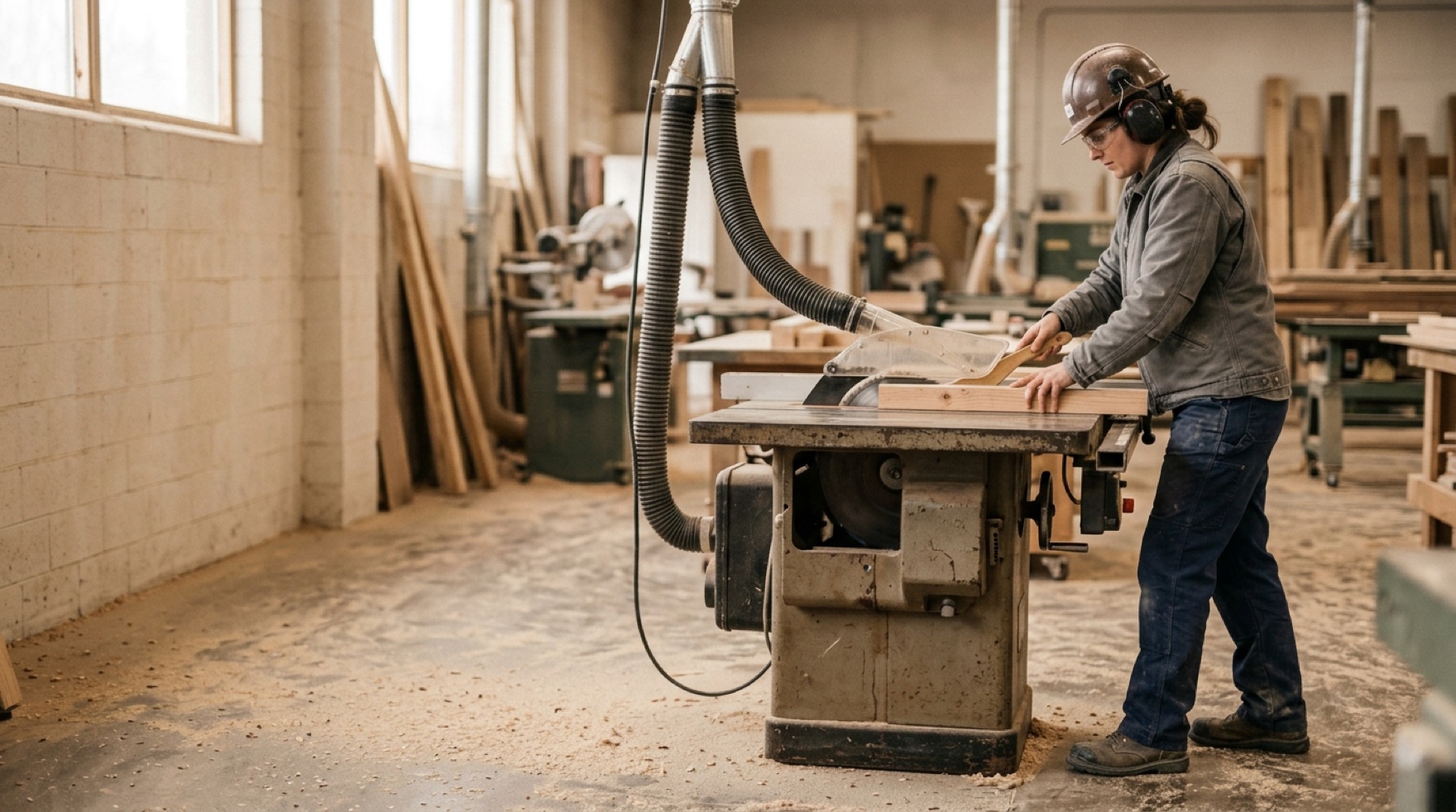 Table saw fitted with a blade hood, spreader, and anti-kickback fingers in a woodworking shop