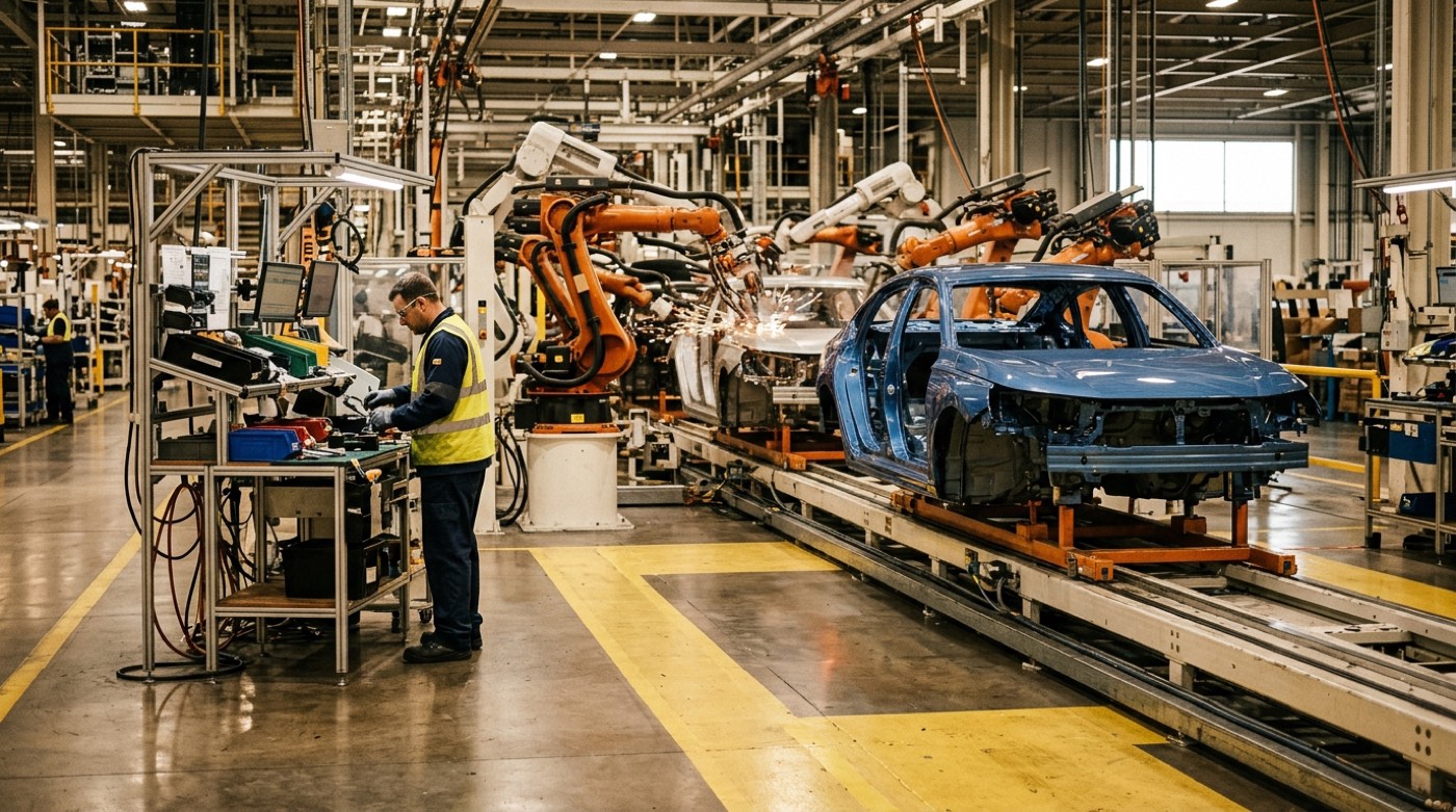 Automotive assembly plant floor with machinery and work stations