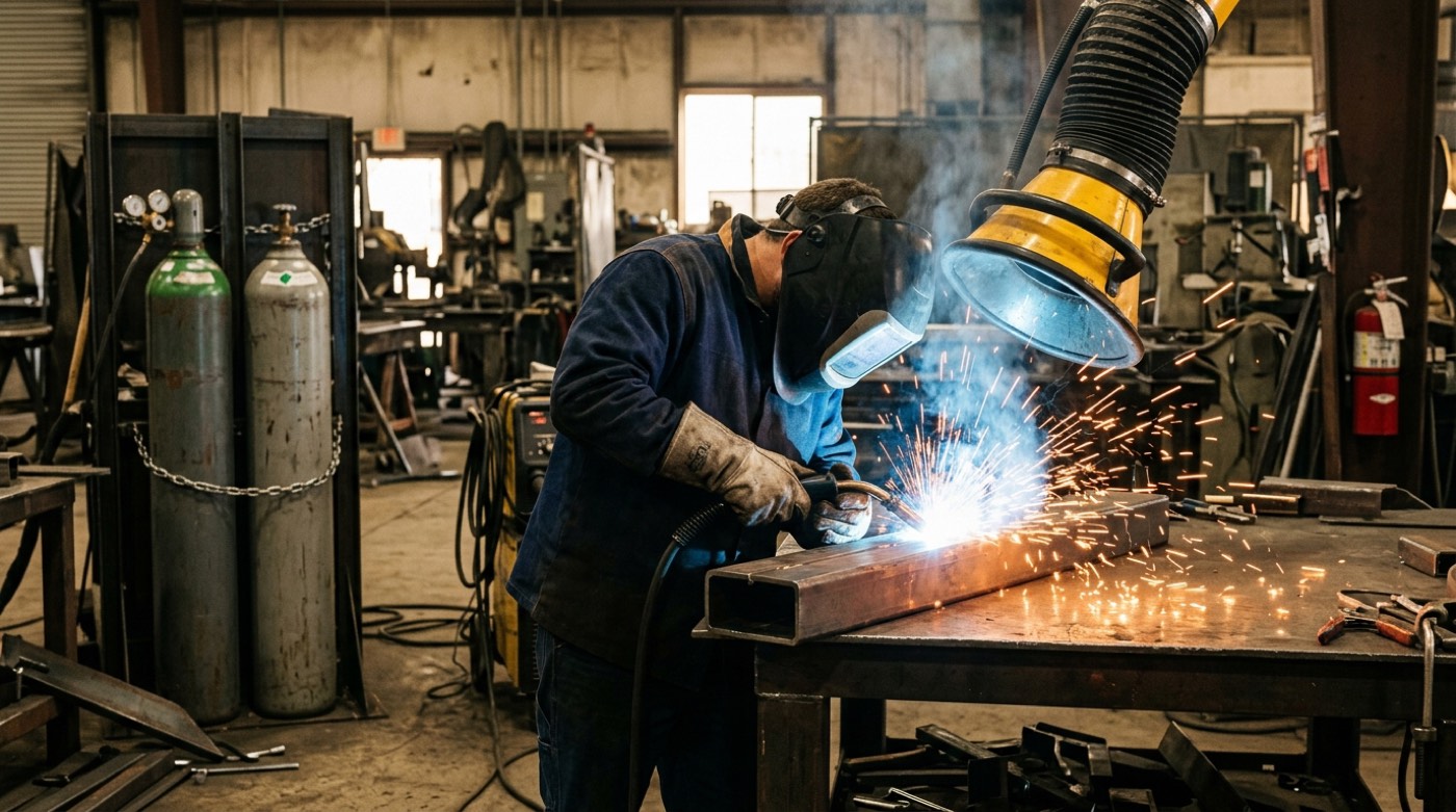 Welder striking an arc with sparks in a fabrication shop