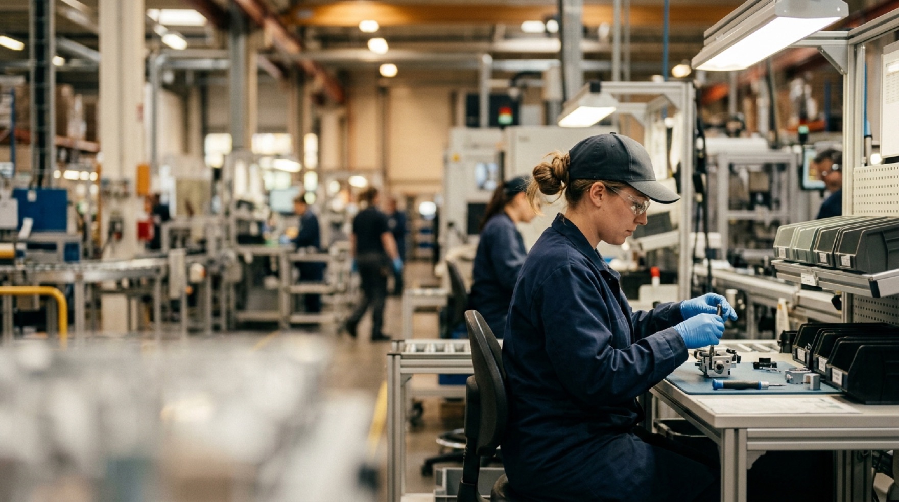 Assembly line worker fitting parts at a workstation