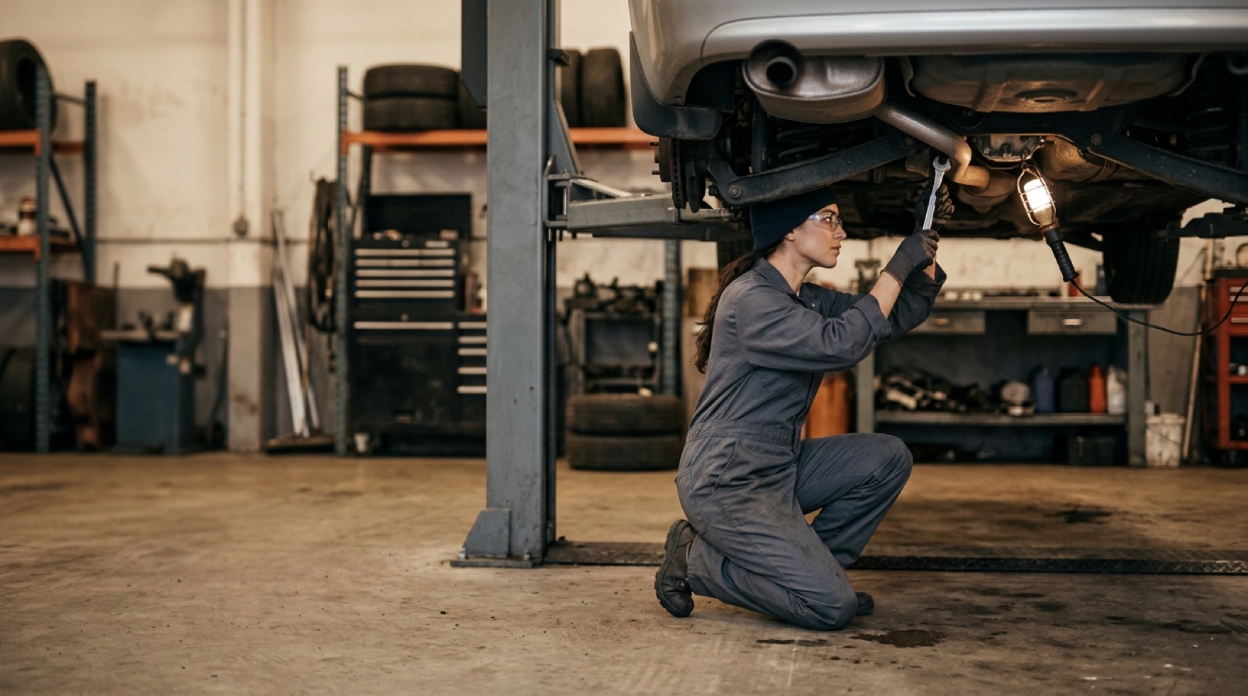 Technician working under a vehicle raised on a two-post lift
