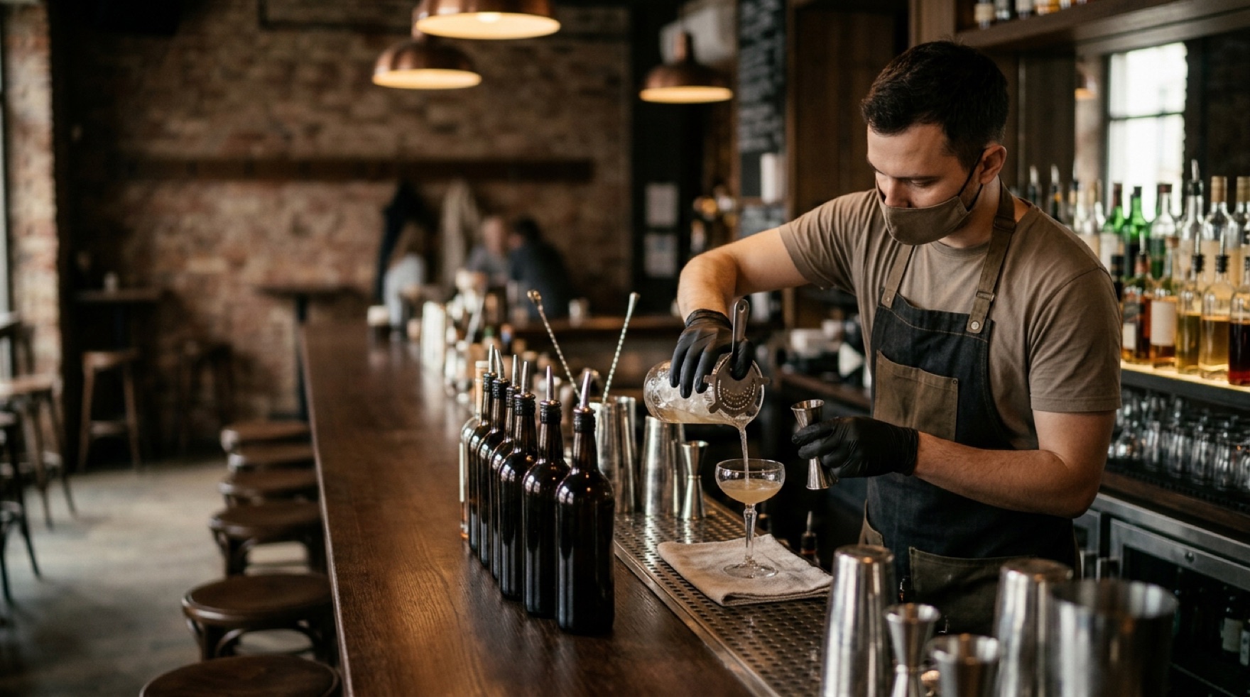 Bartender making drinks behind a busy bar