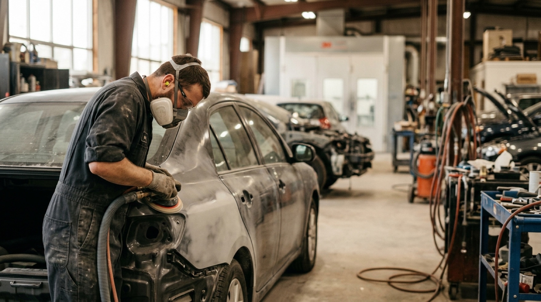 Auto body technician sanding a repaired panel in a body shop