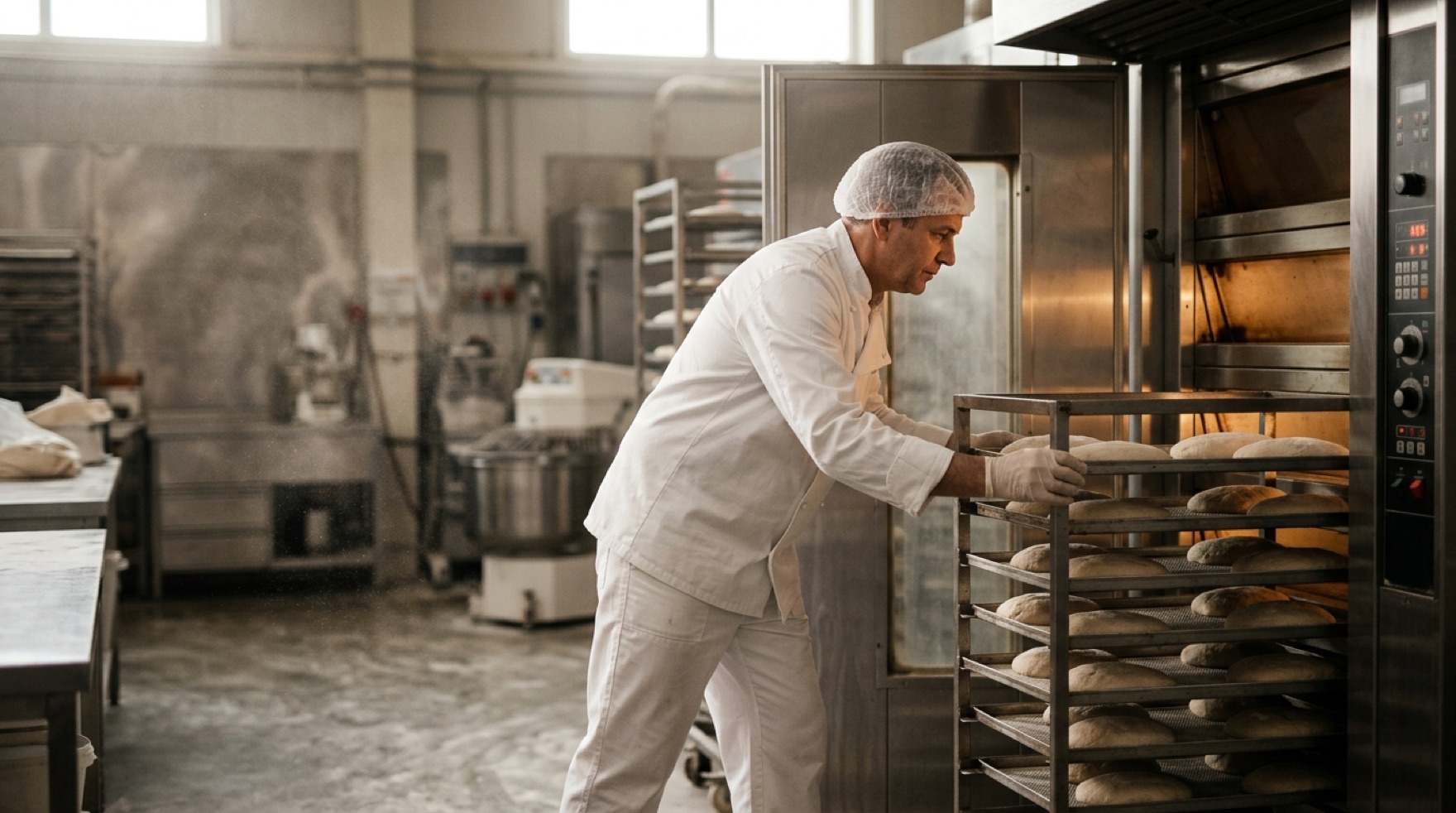 Baker working dough beside a commercial mixer and oven