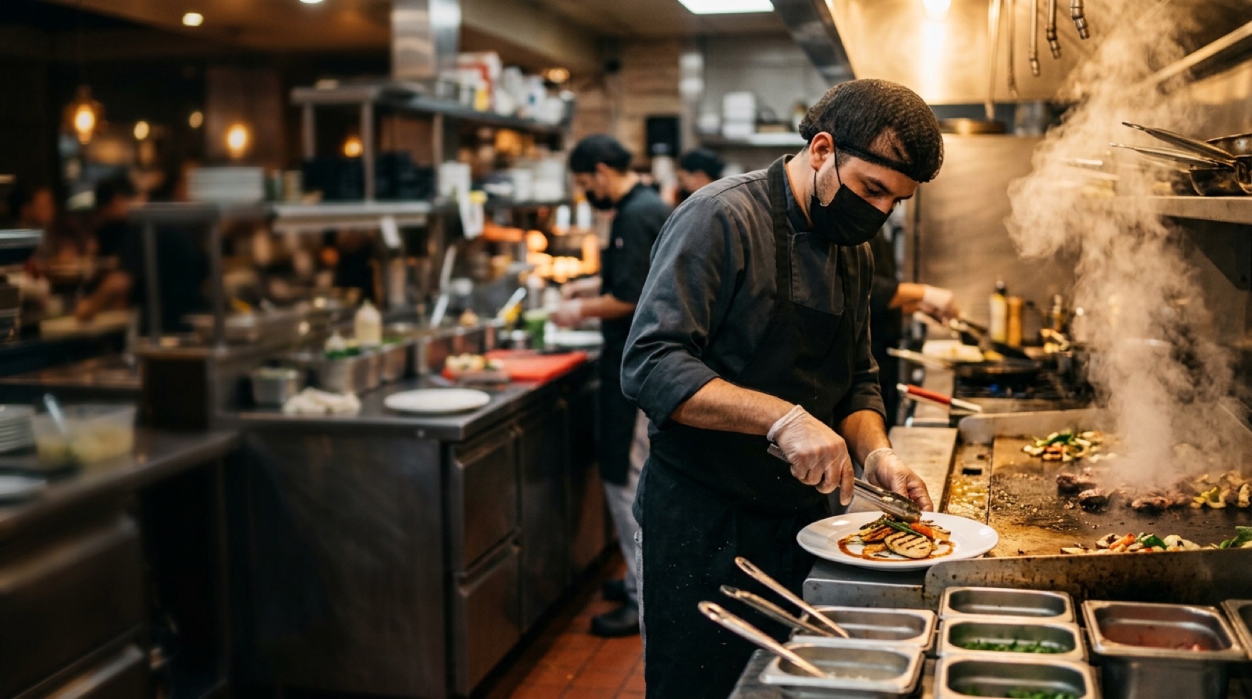 Line cooks working a busy commercial kitchen line
