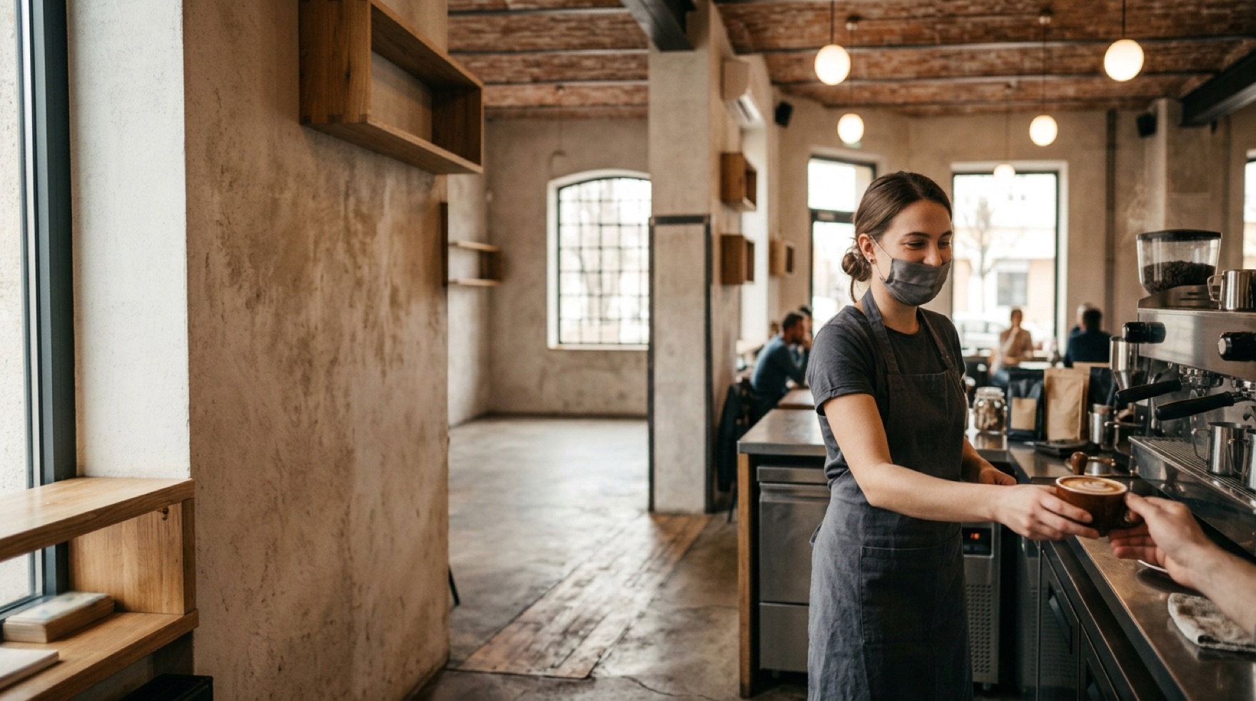 Barista preparing drinks behind a cafe counter