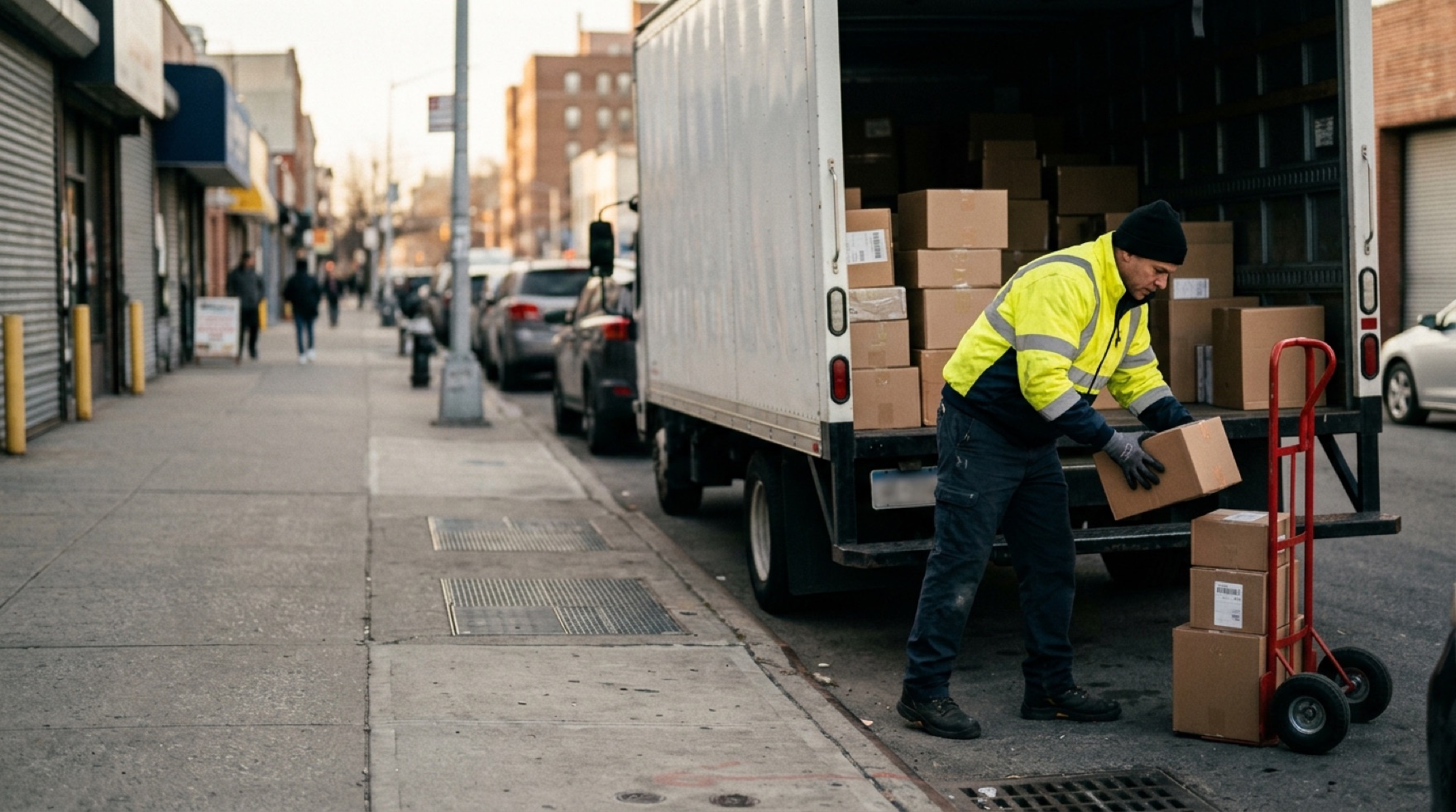 Delivery driver unloading packages from the back of a truck