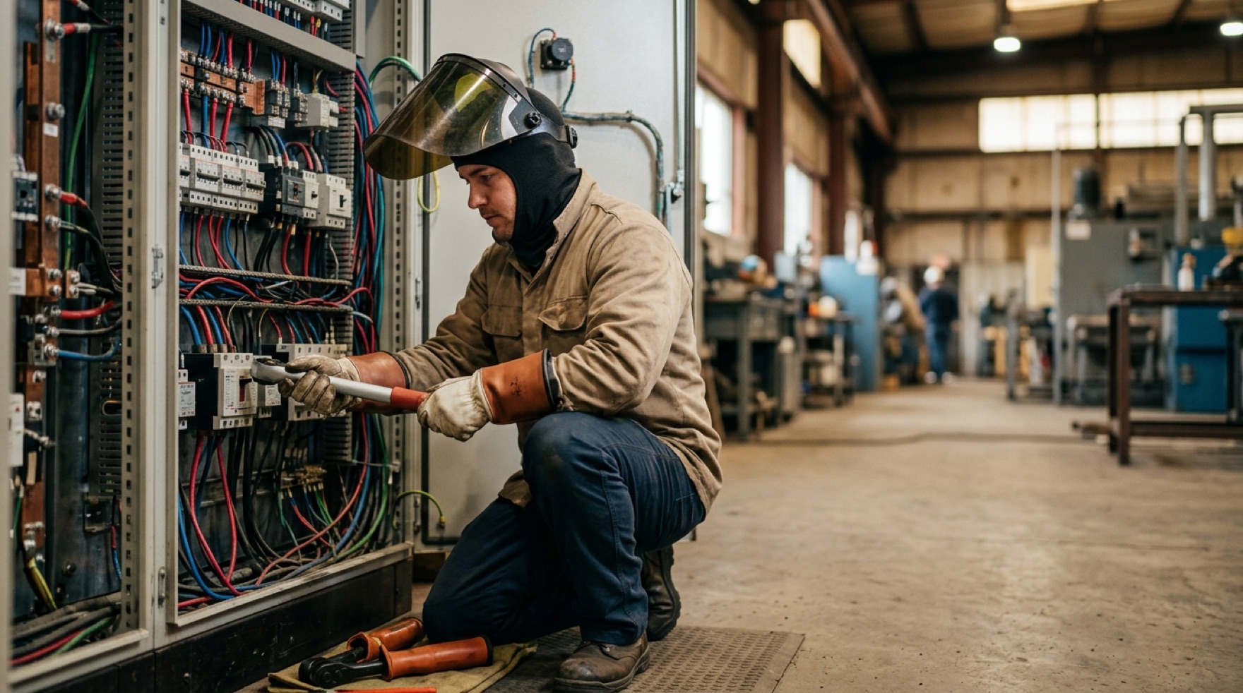 Electrician installing conduit and wiring at a panel