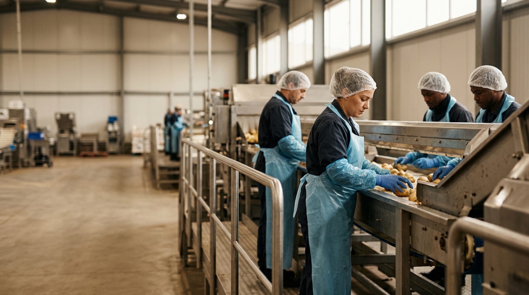 Worker tending a food processing line with stainless equipment