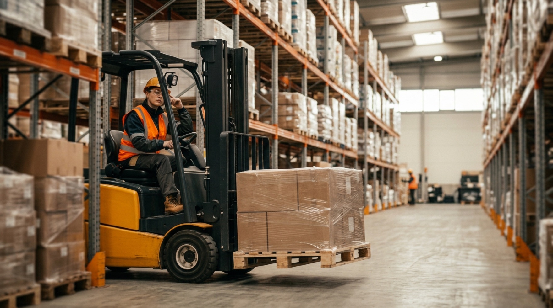 Forklift operator moving a loaded pallet through a warehouse aisle