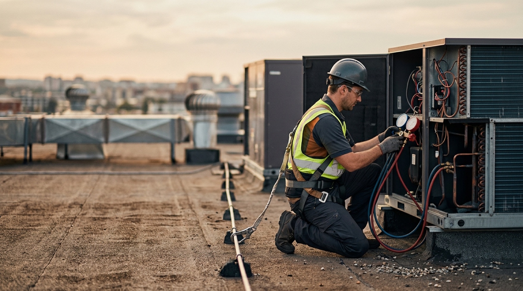 HVAC technician servicing a rooftop condensing unit