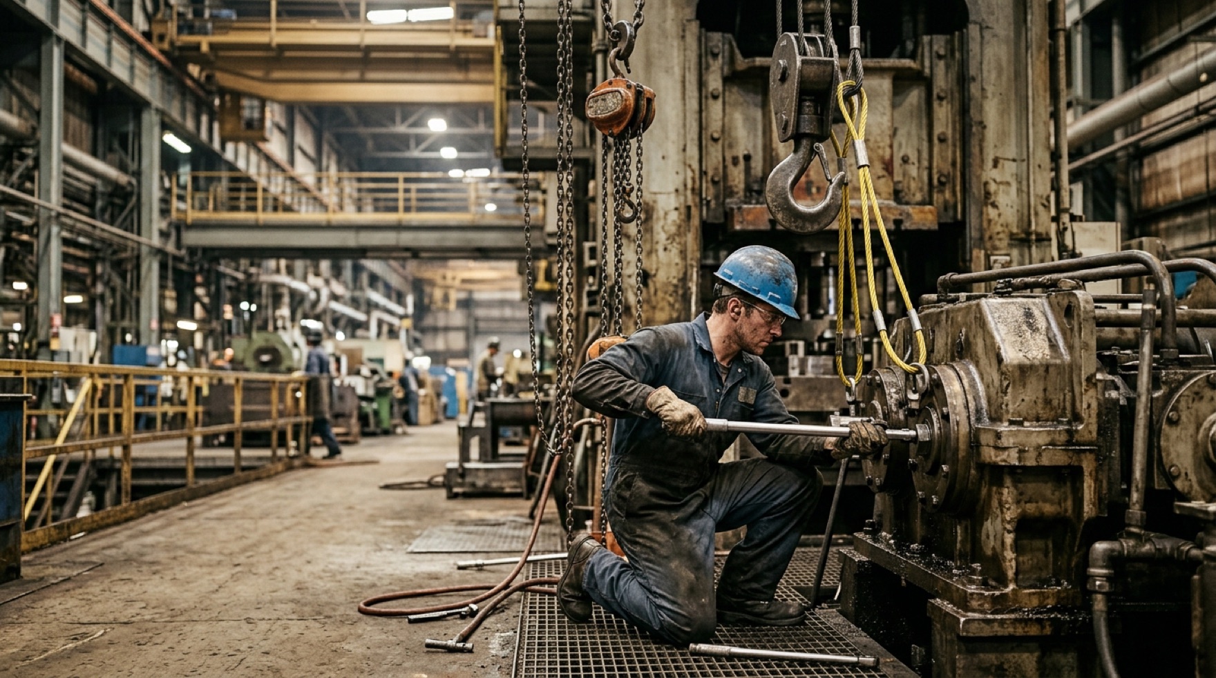 Millwright servicing a large production machine with panels open