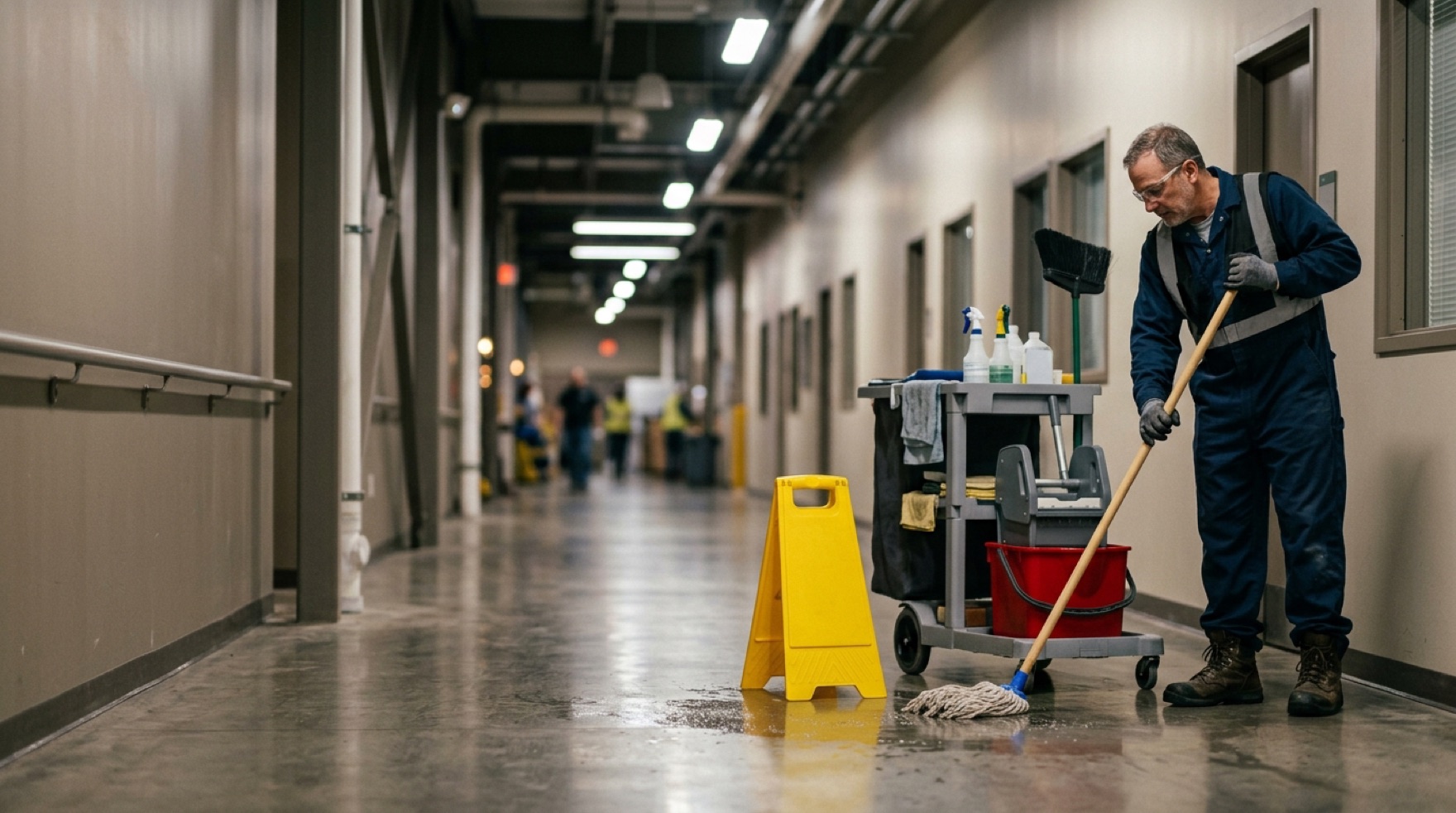 Custodial worker cleaning a floor with a mop and cart