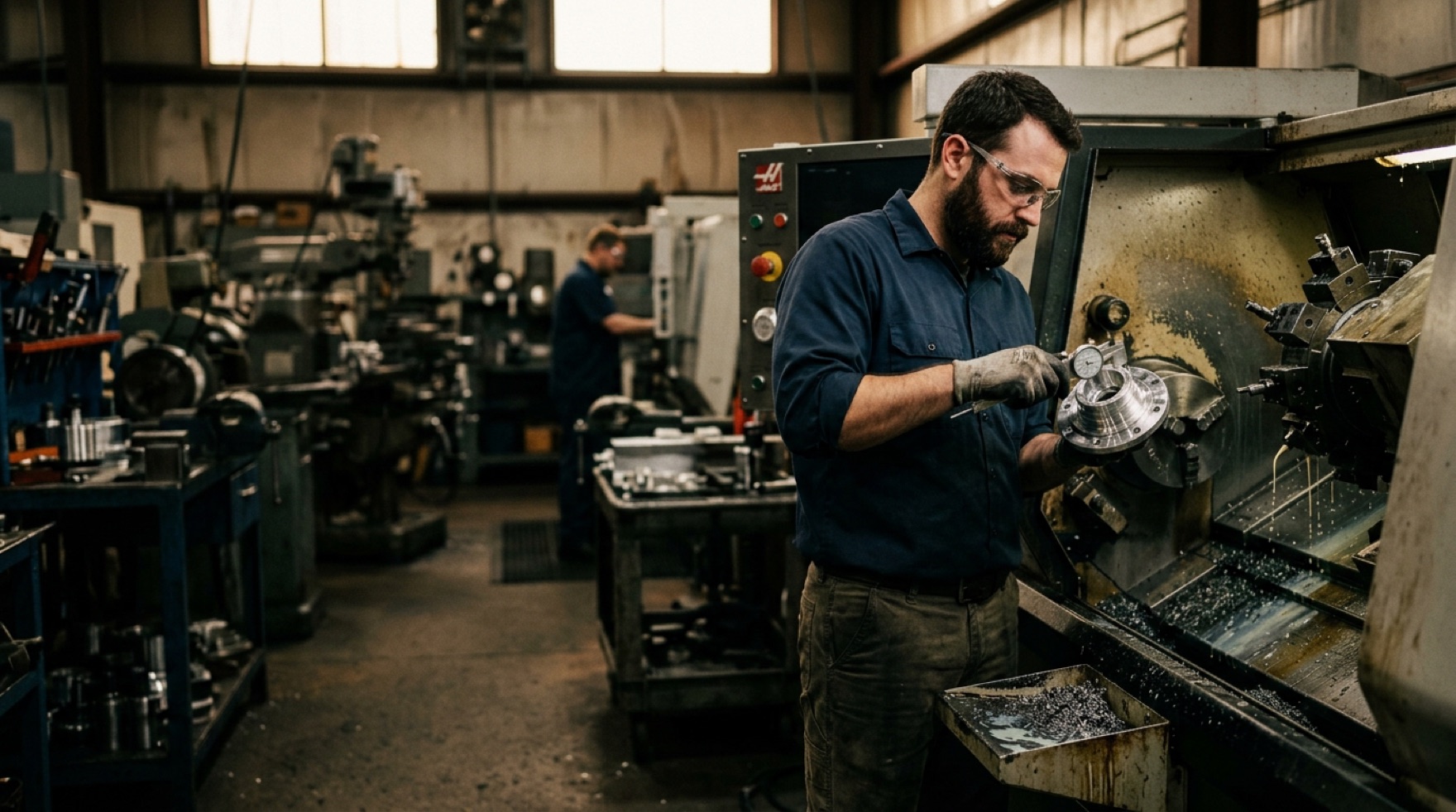 Machinist setting up a part on a CNC machining center