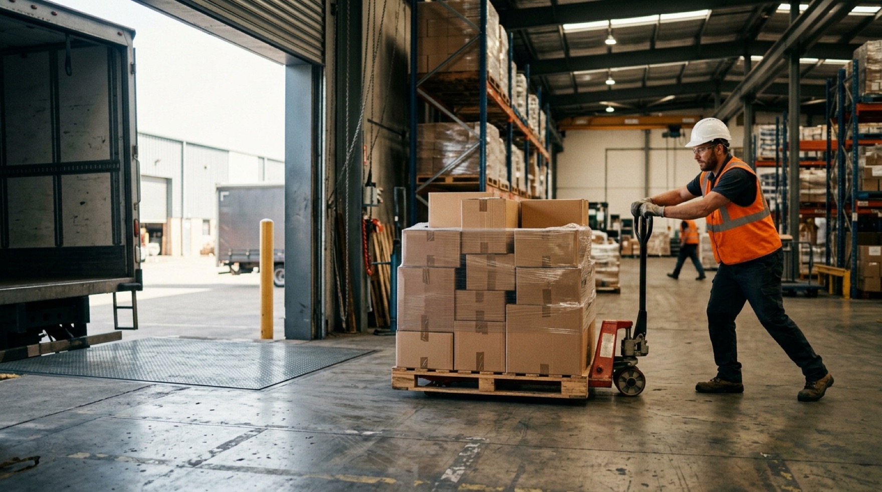 Worker moving freight with a pallet jack at a loading dock