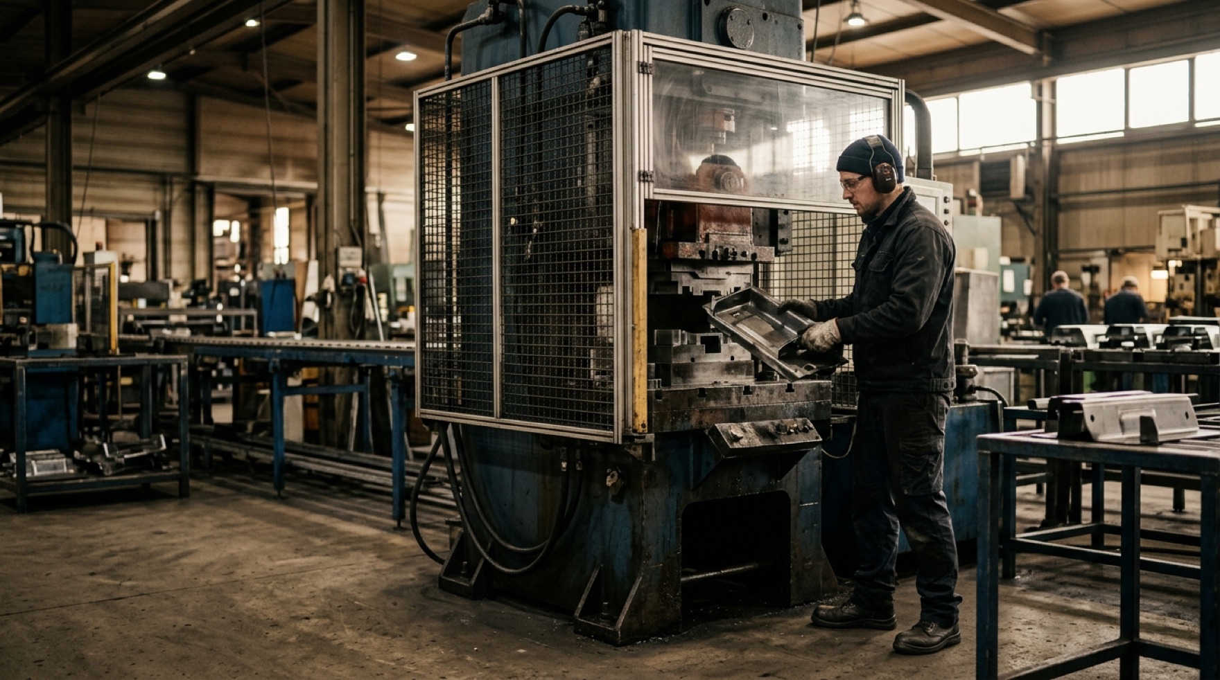 Operator tending a stamping press on a production line