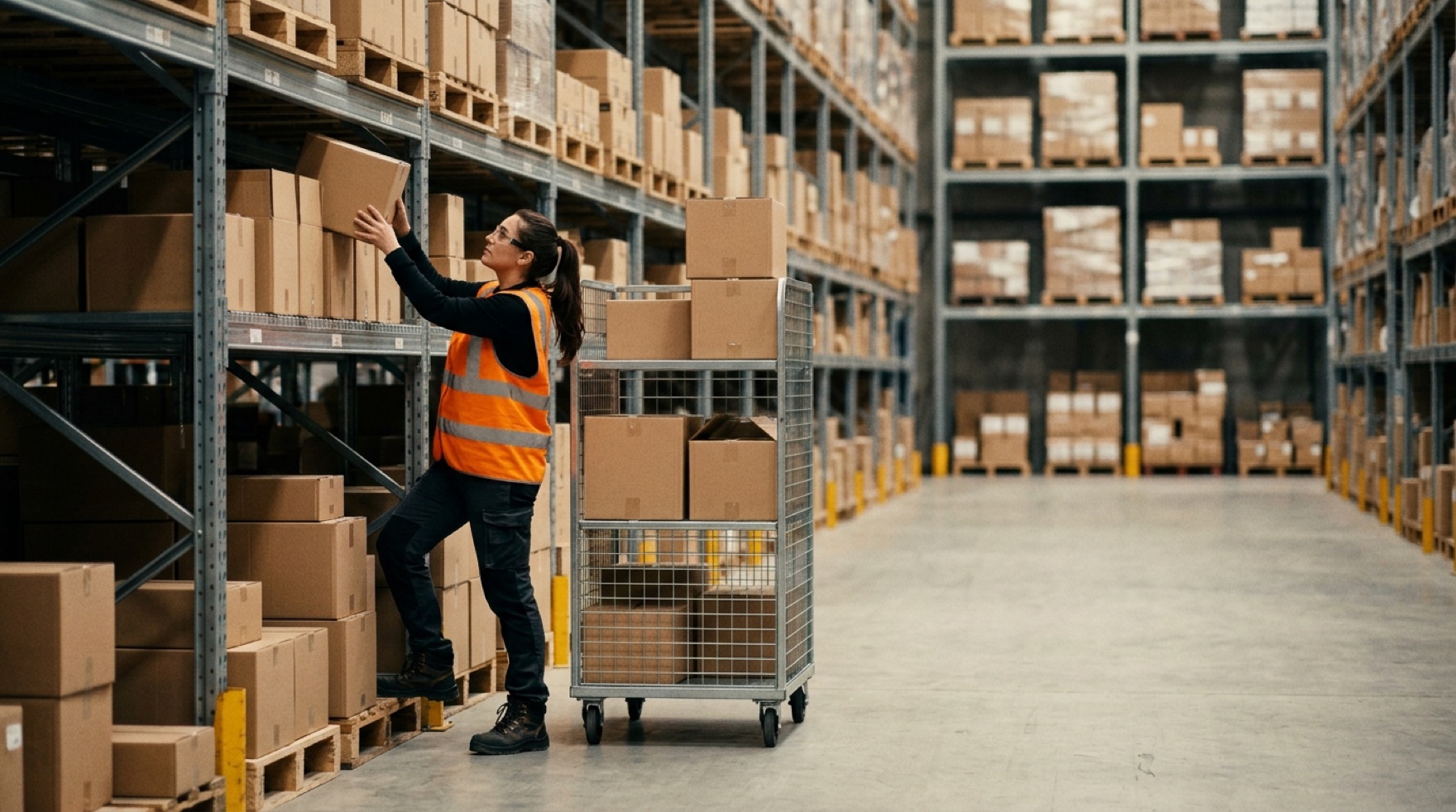 Warehouse worker picking cases from racking along a pick path