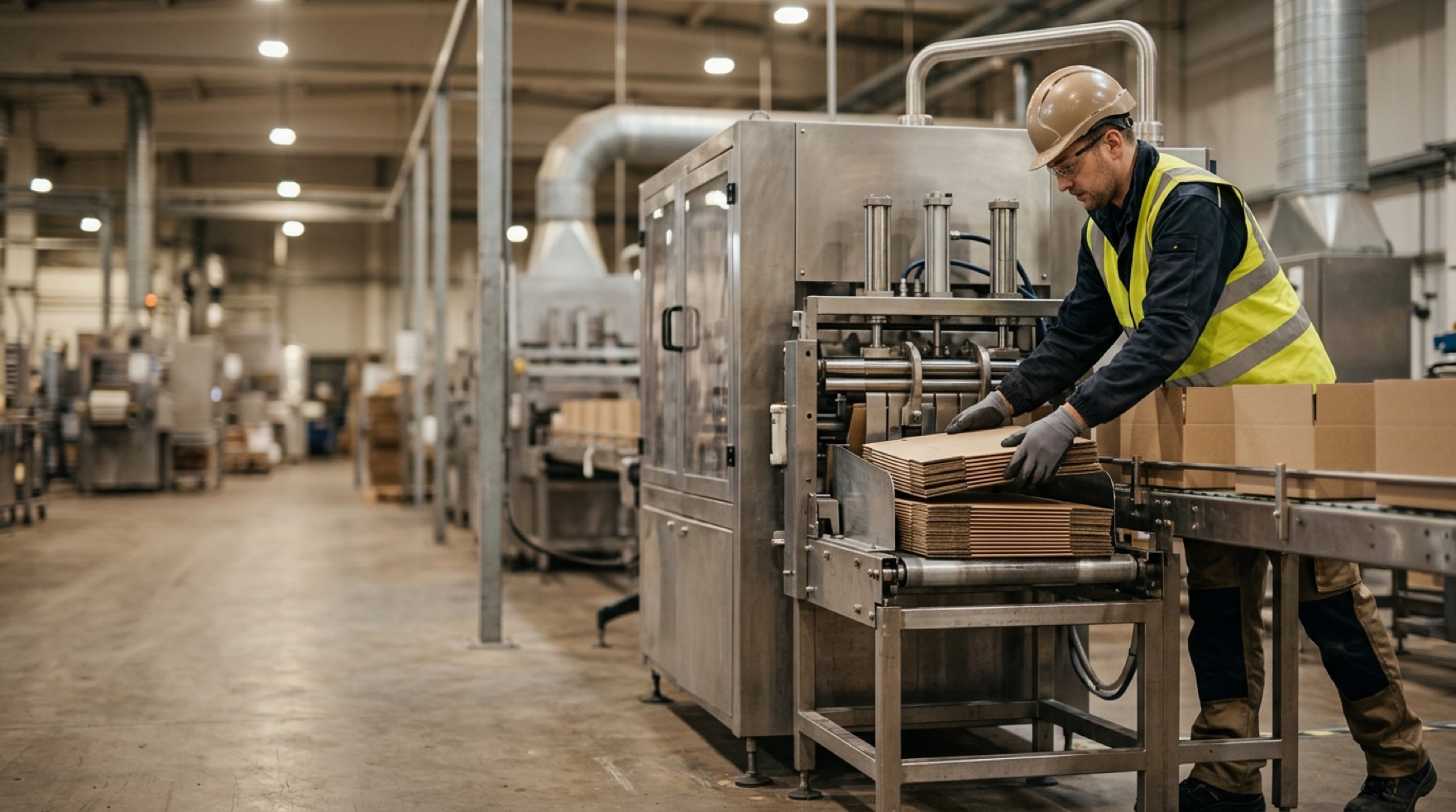 Worker feeding product into an automated packaging line