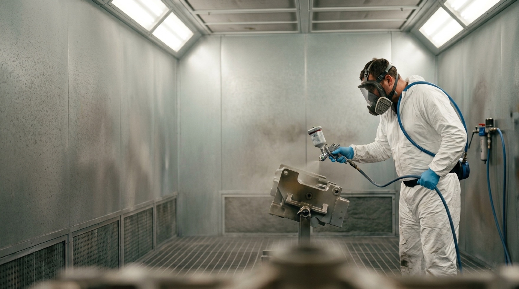 Finisher spraying coating on a part inside a downdraft spray booth