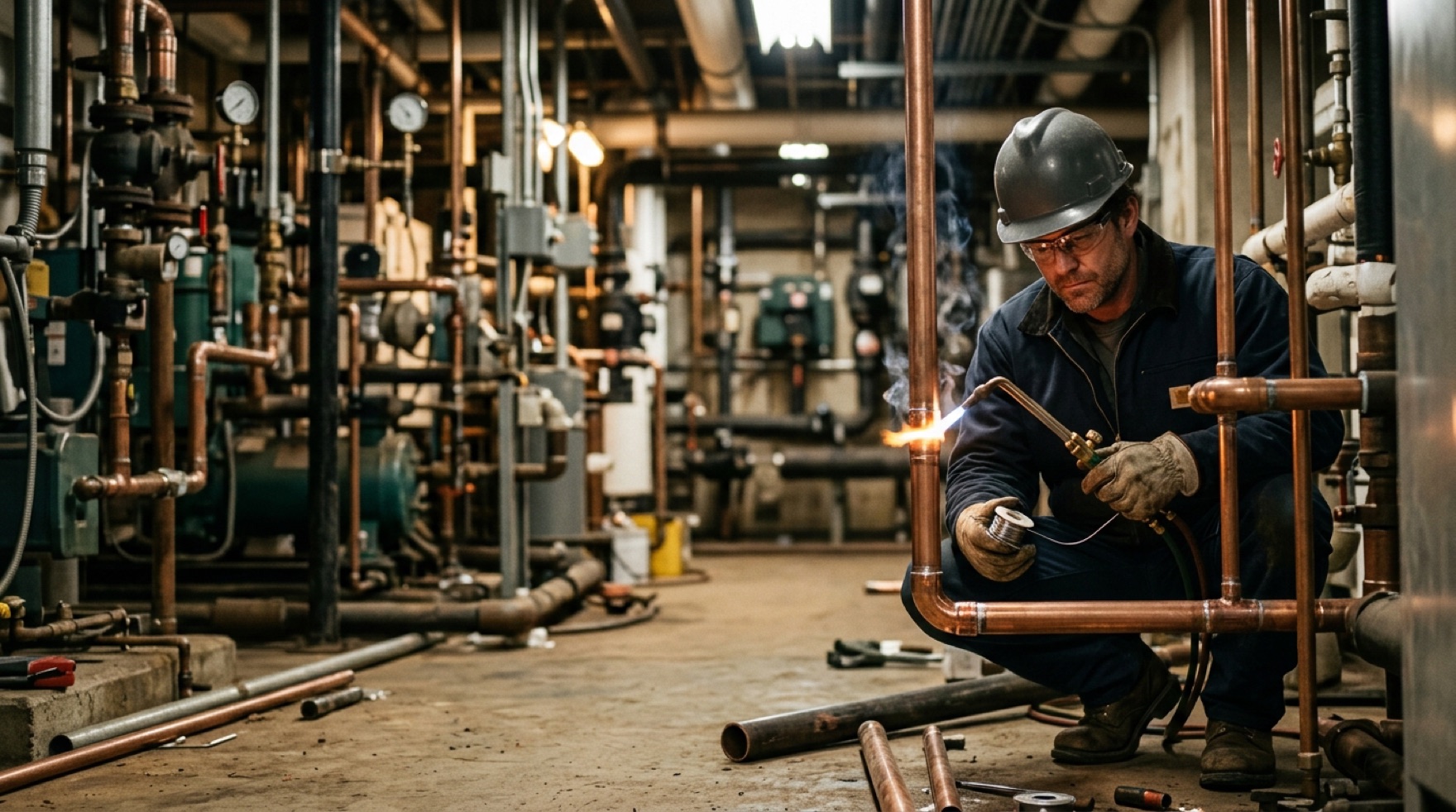 Pipefitter working on piping in a mechanical vault