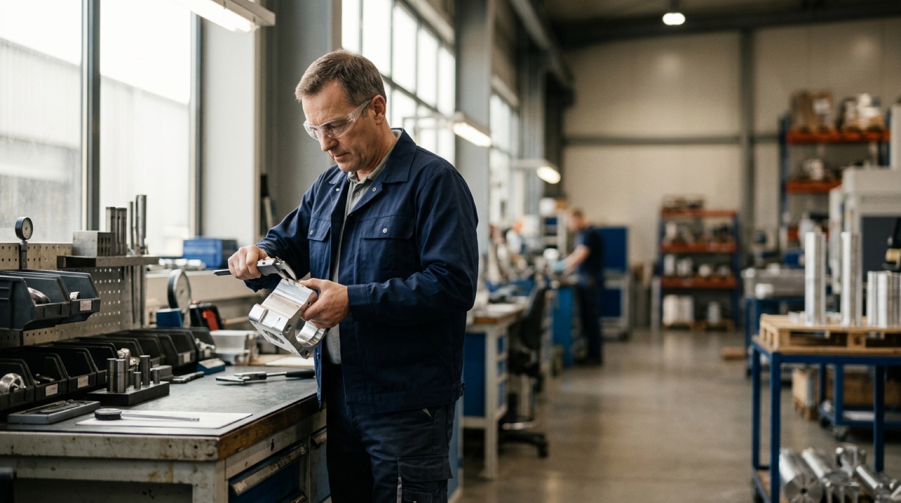 Inspector measuring a machined part with precision gauges