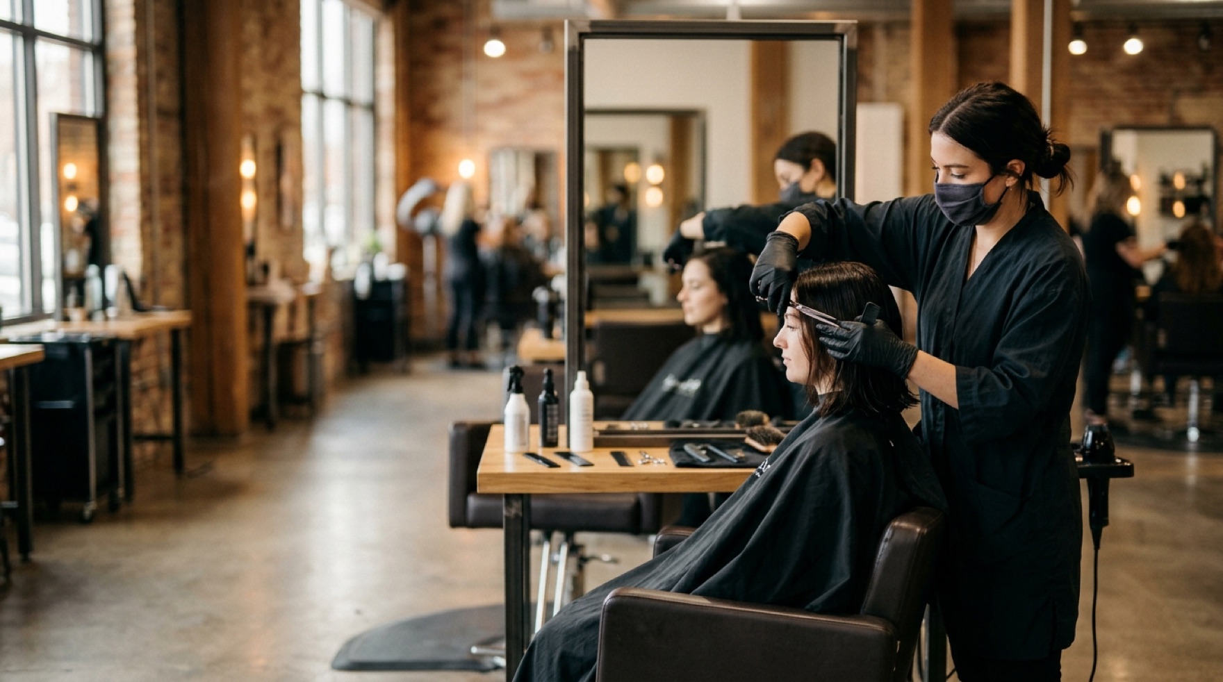 Stylist working at a salon station with a client