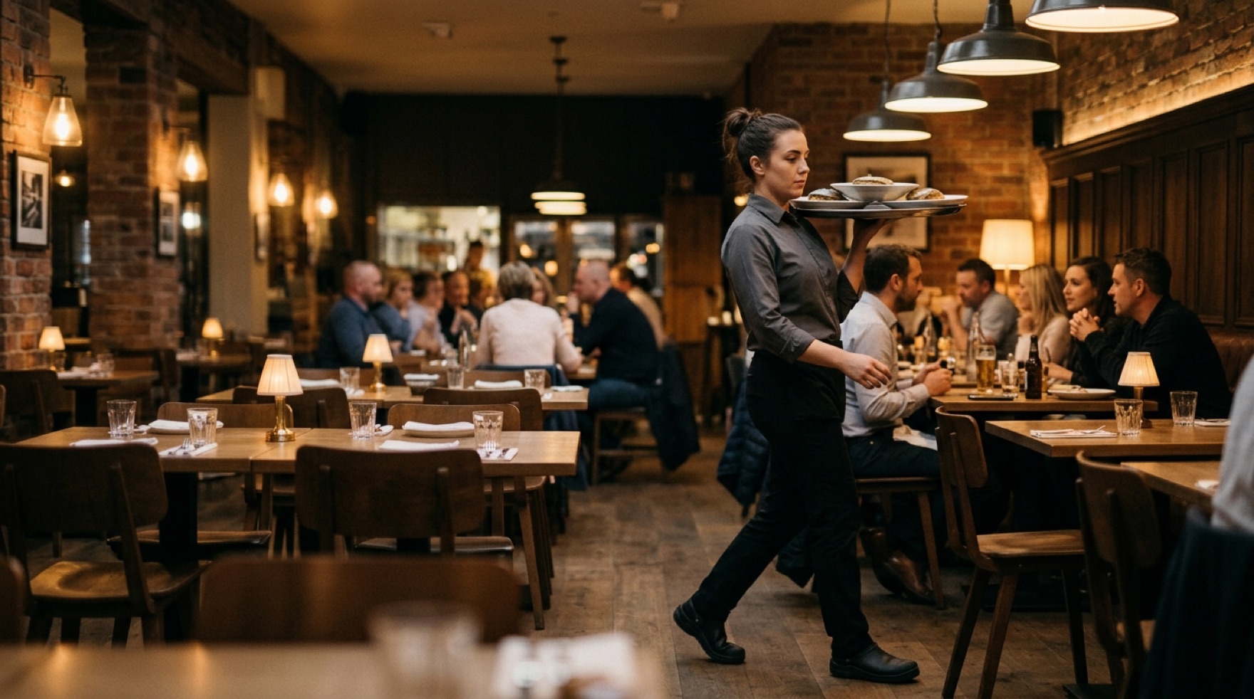 Server carrying a tray of plates across a restaurant floor