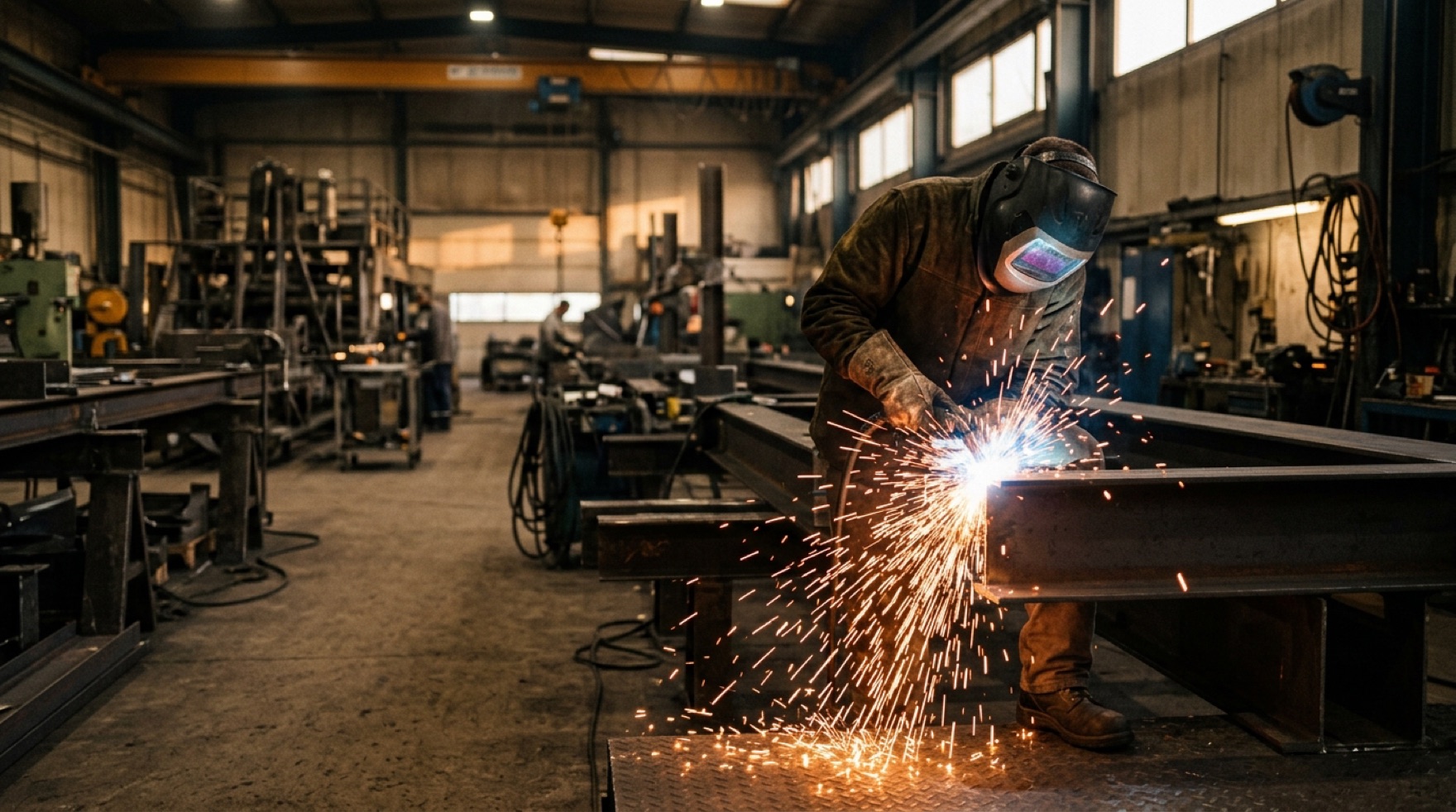 Welder striking an arc with sparks in a fabrication shop