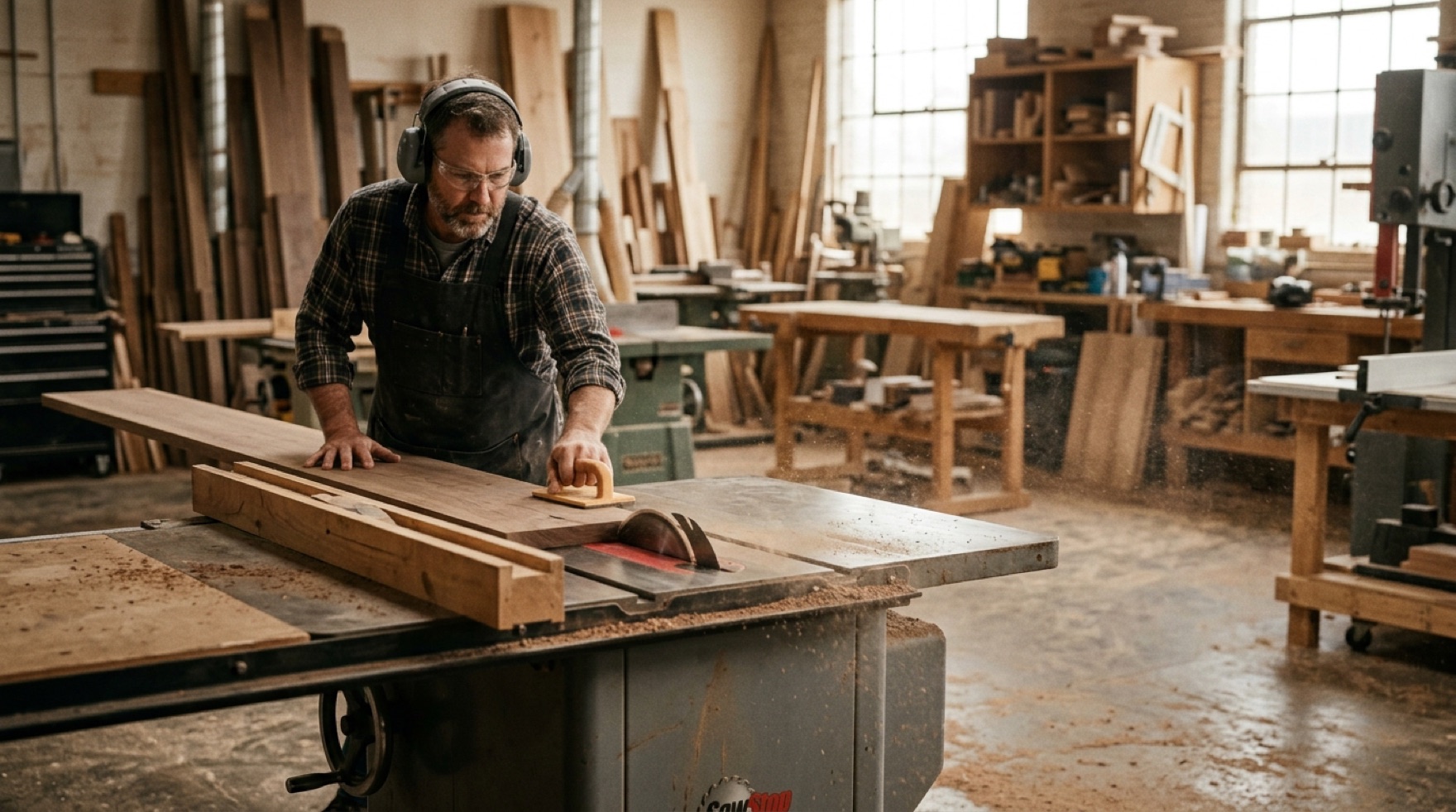 Woodworker feeding stock through a table saw in a millwork shop
